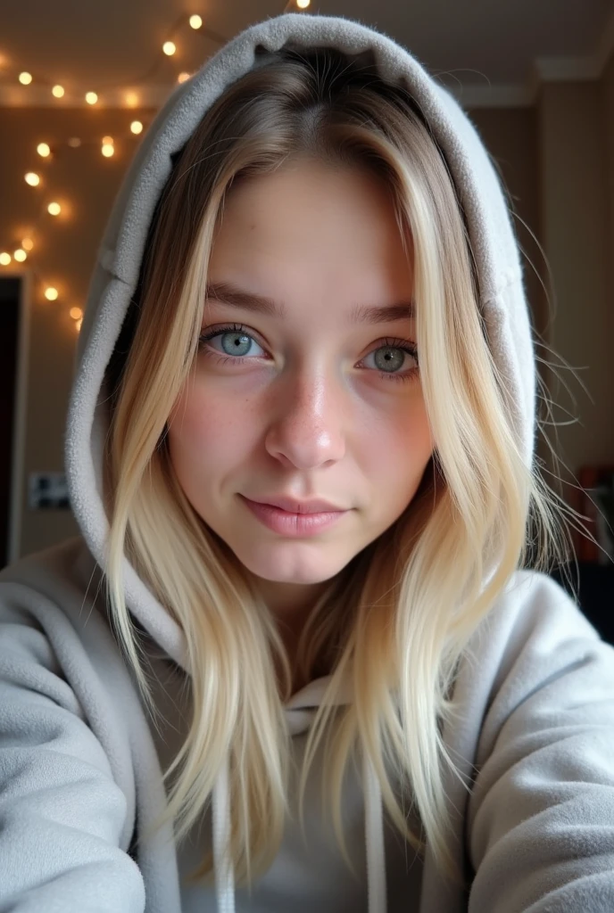 ultra realistic 20-year-old girl, little chubby, flowing blonde hair and seductive smile, captivating blue eyes. She's dressed in a stylish white hoodie, winter, room looking very attractive, masterpiece, best quality, textured skin
