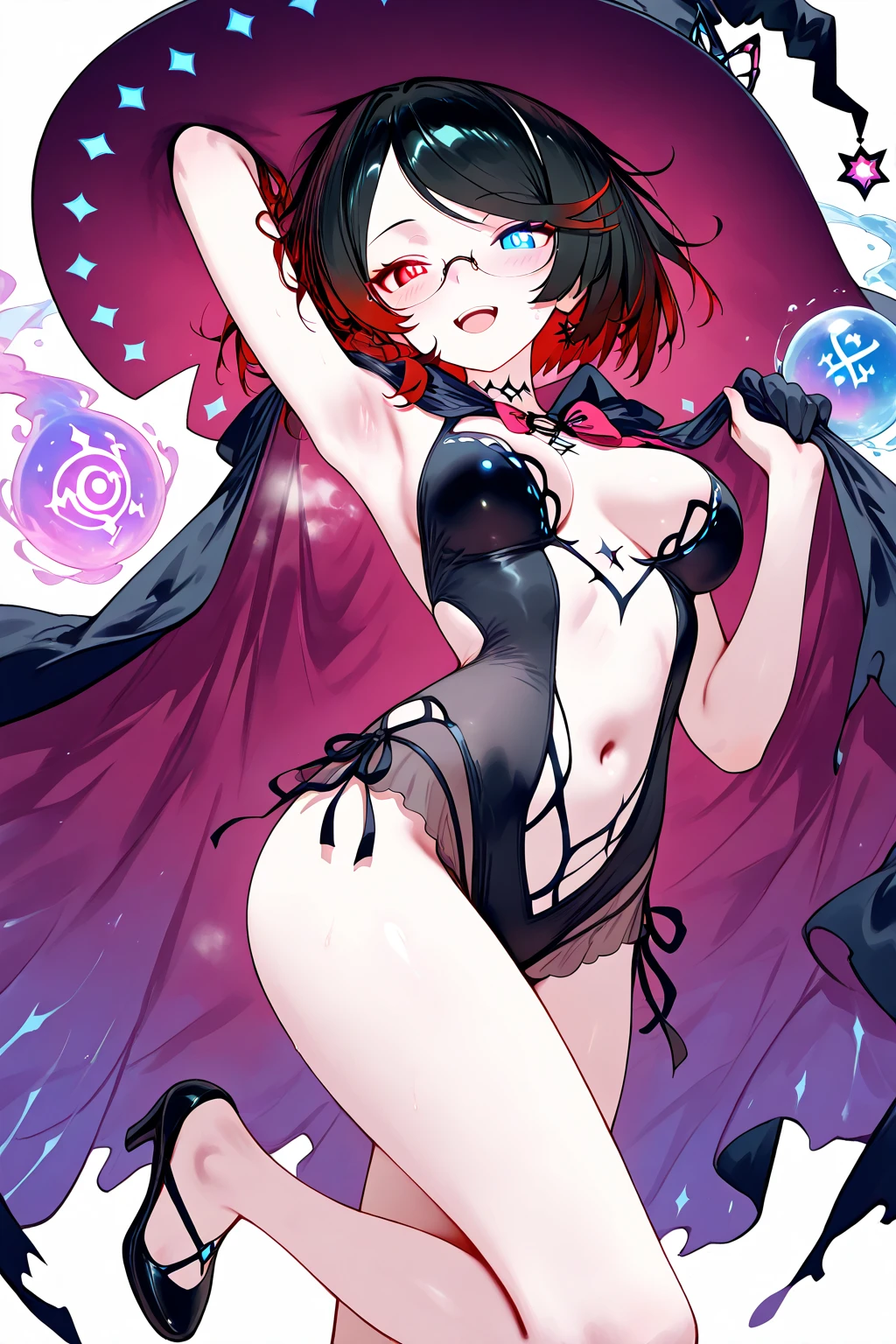 (masterpiece, 8k, best quality), Vampire, Chinese dress (transparent clothes:1.5), (thin fabric:1.3), bat wings, night sky, red moon, yandere smile, psychopathic smile, blood on face, blooded background, evil smile, teeth fangs, duotone eyes, cleavage, large breasts, revealing cleavage, pulling dress down, big boobs, squeezing breasts, lustful face, cameltoe, erect nipples, biting lips, blushing, vivid colors, high contrast, colorful, wallpaper, (((purple see-through lingerie,)) garter belt, ((slingshot bikini, transparent:1.3)), white pantyhose,