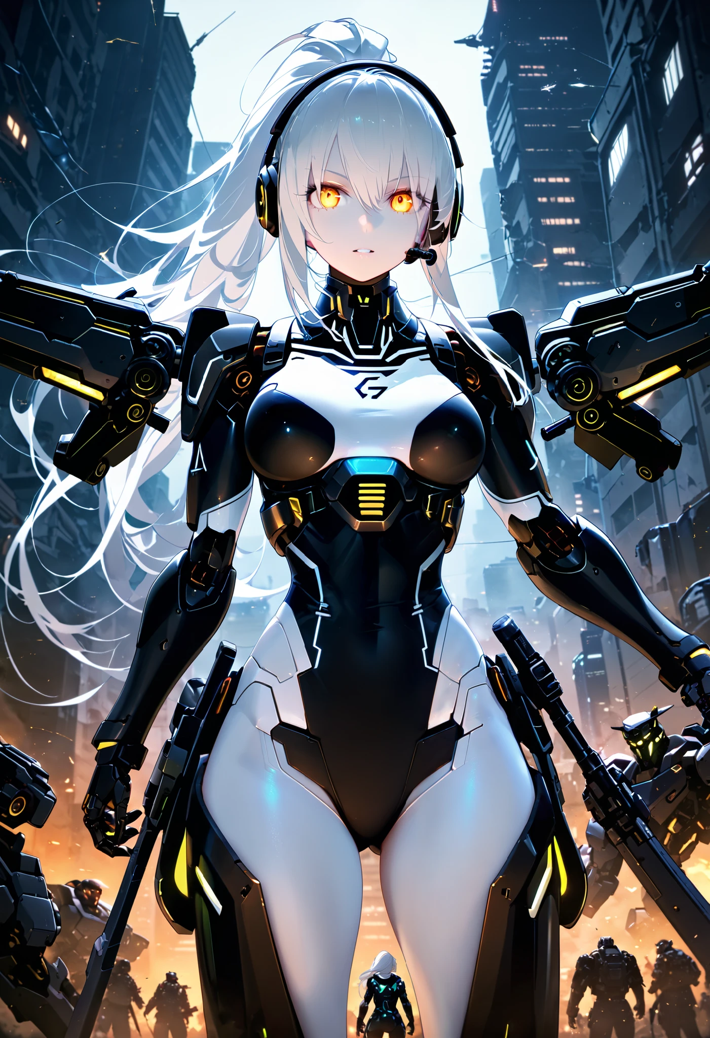 cowboy shooting,  cyberpunk mecha girl with a long black and white ponytail,  detailed mechanical body with a glowing exoskeleton ,  Headphone Gear ,  booster unit ,  equipped with huge weapons ,  fighting in a midnight abandoned city ,  surrounded by many enemies , high resolution, Ultra Detailed 64K CG , Top Quality, Extremely Glowing Skin , beautiful detailed face, beautiful detailed eyes, perfect anatomy,  perfect toes , Perfect Arms, perfect finger,  perfect legs, very detailed background