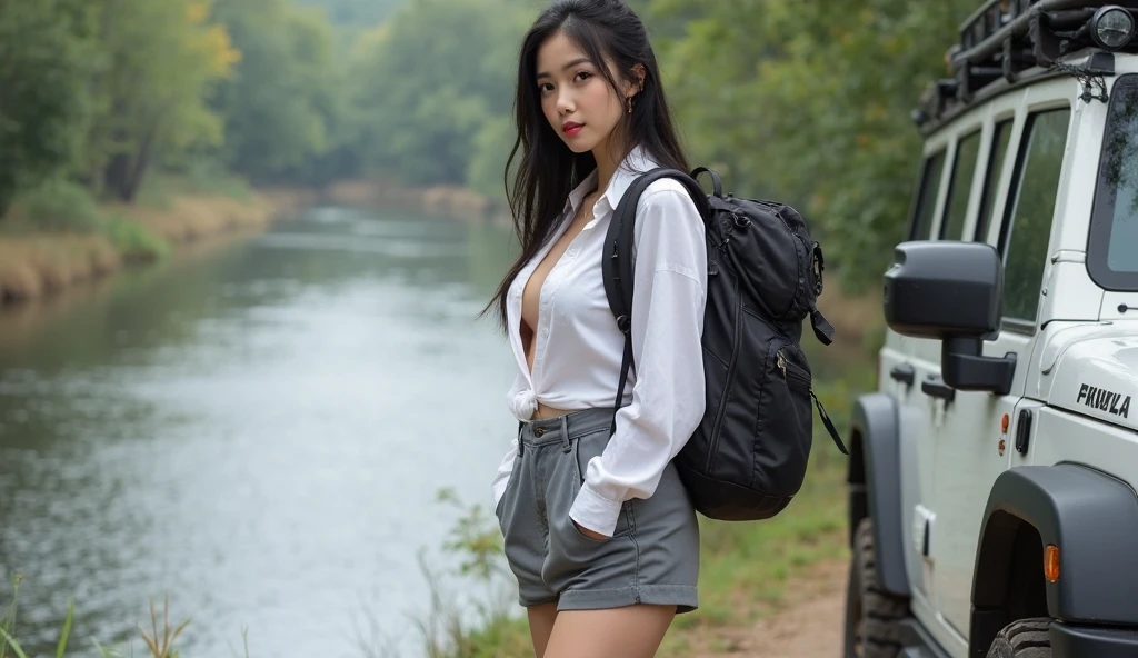 ((top-quality、in 8K、​masterpiece:1.3、Raw photo))、Super high quality photos, In the tropical jungle, ((Wearing a business suit)), ((Wear a white blouse shirt under the jacket)), ((Perfect beauty 20 year old idol Japan woman)), ((a smile)), ((protruding nipples under the shirt,,)), ((slim figure)), ((Slim legs)), ((slim thigh)), ((Perfect beauty 20 year old idol Japan woman)), (Photorealistic: 1.4), (Ultra-high detail), (hyper realisitic: 1.4), (Realistic: 1.3), (Smooth lighting: 1.05), Full body, 1girl in, Solo, (Japanese actressl),　20yr old, cinematlic lighting, ((slim figure)), ((Leaner figure)), Good anatomy, Correct anatomy, In the tropical jungle, ((Perfect beauty 20 year old idol Japan woman)), ((slim figure)), ((Slim legs)), ((slim thigh)), ,((Perfect beauty)), ((He has a small camping bag in one hand.)), ((Panties are visible through the skirt)), ((a smile)), ((camel's toe)), ((legs slightly spread)), ((Looking back)),