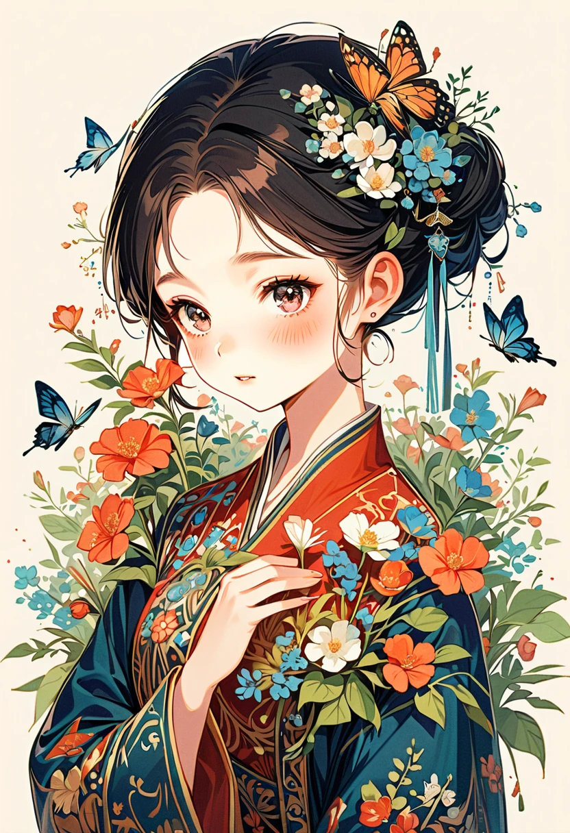 A beautiful young 5 years old little girl in traditional Chinese attire, sweet smile, from back, lively and kawaii pose, eyes look at the viewer, charming and attractive sexy pose, surrounded by a lush garden. gazing at it with gentle eyes. The woman's hair is styled in an elaborate updo adorned with flowers and traditional ornaments. Her dress is elegant, pink and white color tone, featuring fine silk with floral embroidery. The garden is in full bloom, with peonies and other flowers providing a backdrop. The scene captures the serenity and beauty of classical Chinese art, with a touch of nature harmony, (((Ultra-high saturation, high natural saturation, extremely bright colors)))