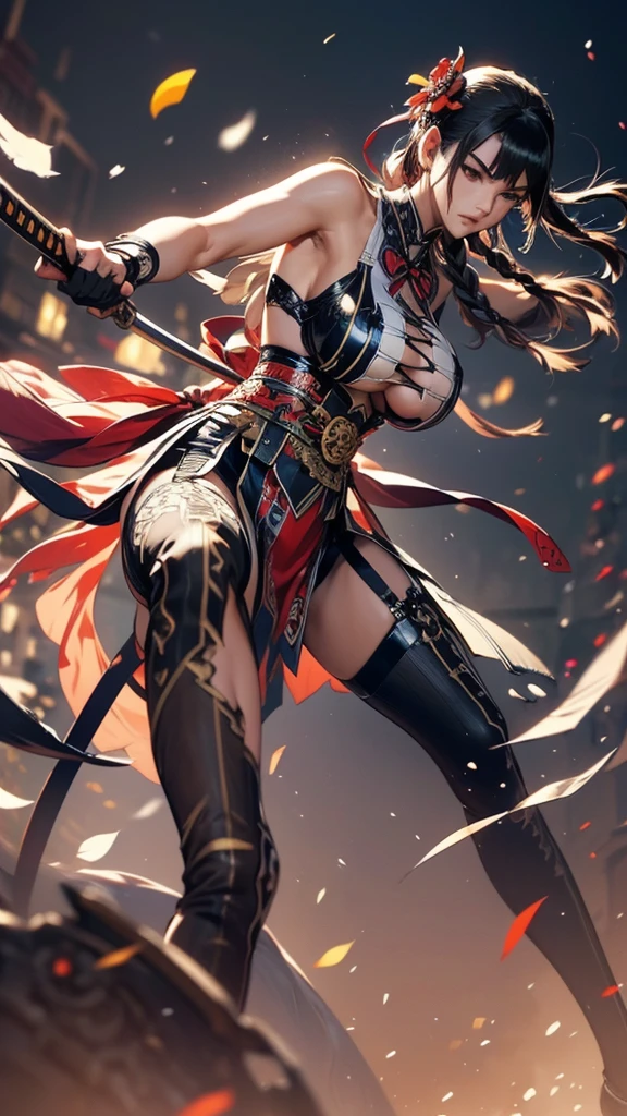 (detailed background,dark fantasy),(beautiful detailed face),(1 girl,solo,red hair,sharp face,low twintails,golden eyes,hair between eyes,dynamic angle),full body,bow,archer,flying arrows,genshin impact,Yoimiya