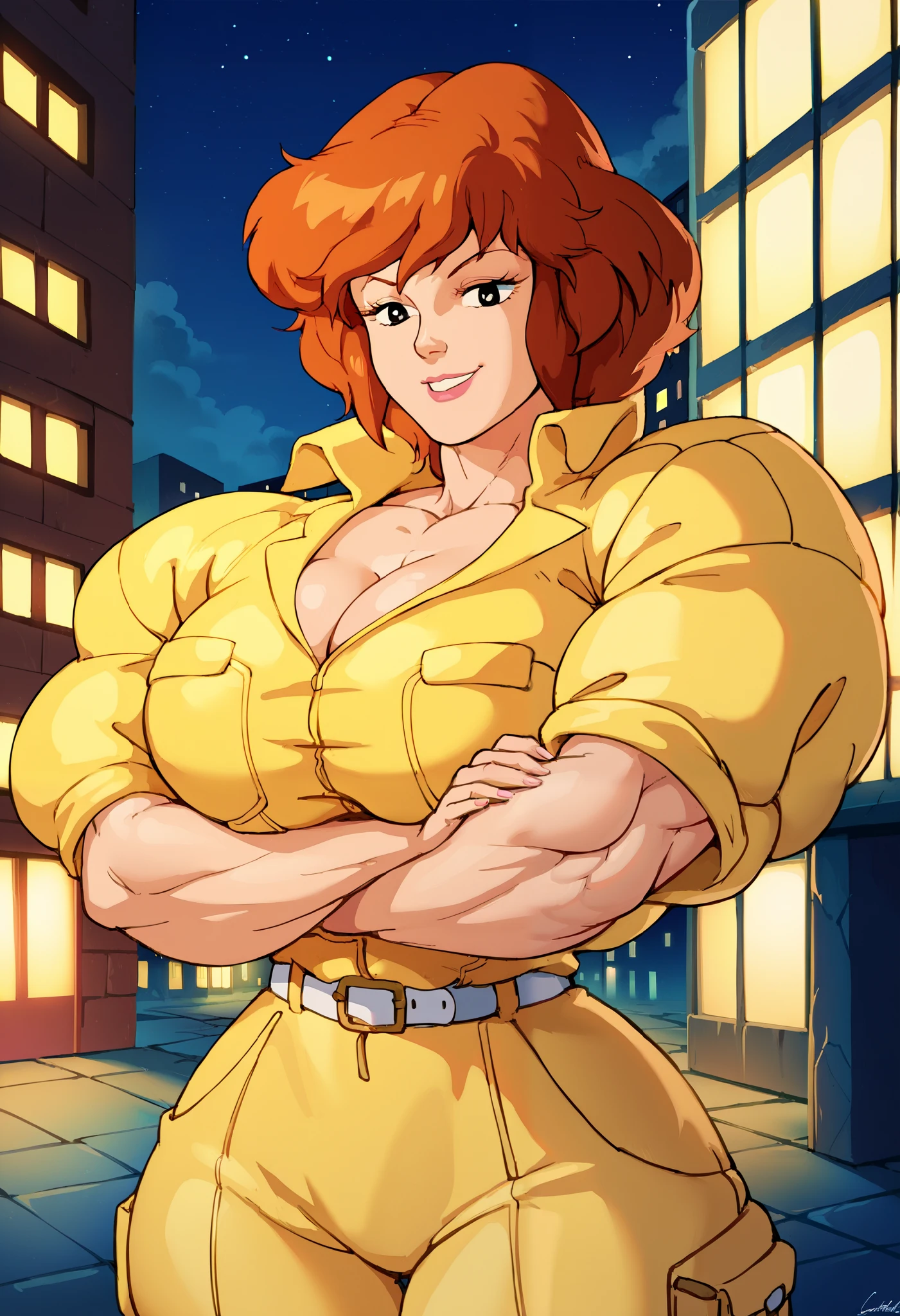 check_9, check_8_up, check_7_up, April o'neil , yellow jumpsuit, white belt, 1 girl, One, (Night), city at Night, city background, upper body, retro buildings_artStyle, cartoon, source_ cartoon, 1990-е годы_(Style),
(cartoon, anime),detailed face, (cowboy shot), (source_cartoon, source_anime), detailed eyes, masterpiece,
seductive,nsfw,lewd,sensual, large breasts, hips, , thighs, adult,
woman,1girl, , smirk, flirty eyes, muscle girl, muscle body, huge muscles, massive muscles, huge biceps, massive biceps, oversized biceps, gigantic biceps, hyper biceps, abs, thigh muscles