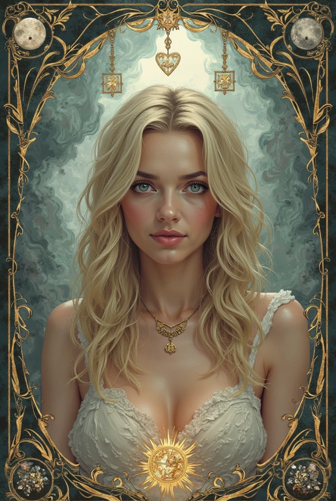 (Blonde Ukrainian woman) Very detailed, ((Full nudity)), Art Station, Are standing, To the camera, Concept Art, Smooth, Sharp focus, figure, ArtGerm and Art by Alphonse Mucha, High Resolution Digital Art, Dramatic lighting, Background Fractal Web, The style of Ilya Kuvshinov and Ross Tran,