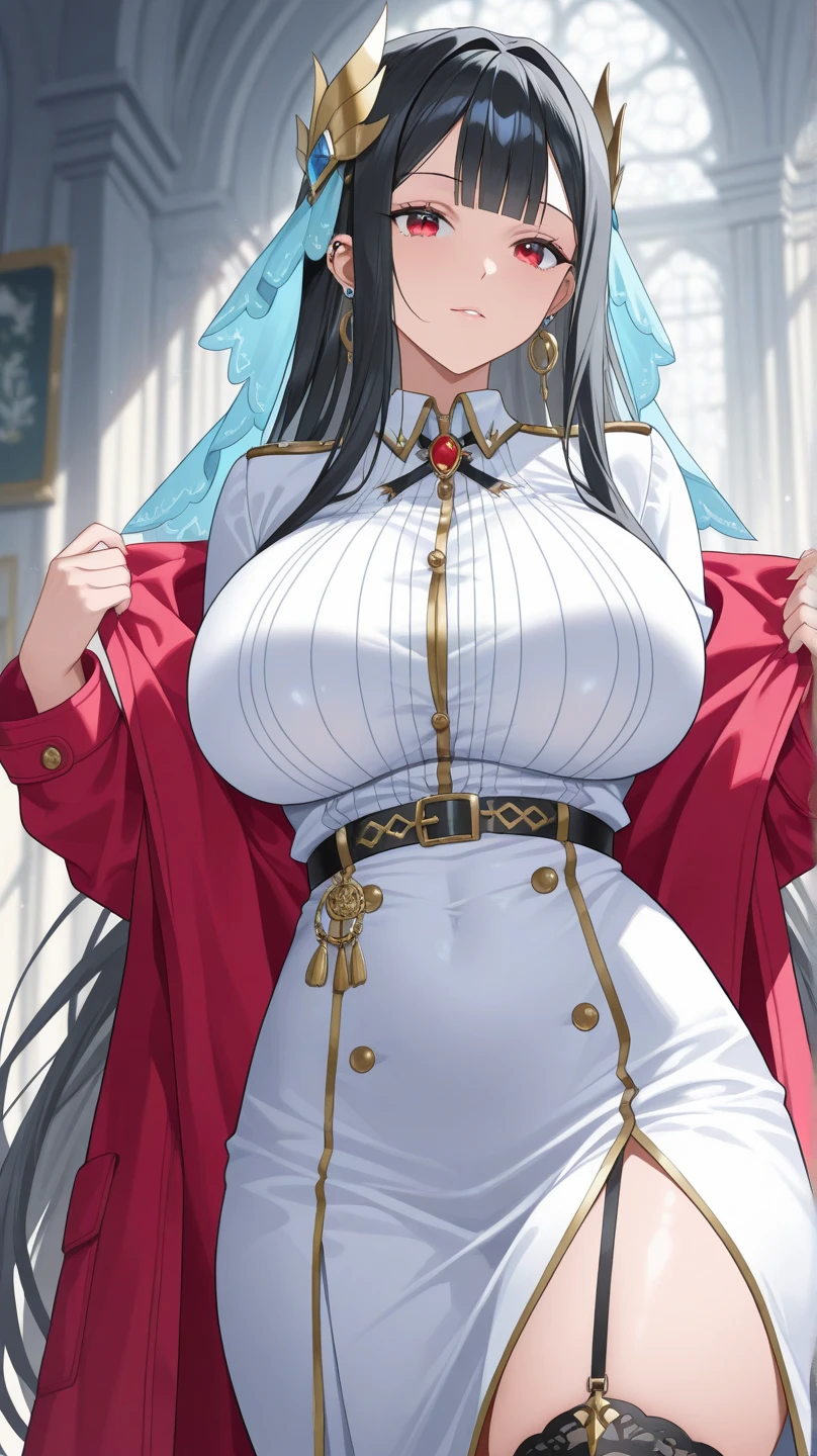 (((masterpiece))), (((best quality))), ((Super Detail)) , (An extremely delicate and beautiful lady: 1.4),(1 Girl),Riña_\(Tower of Fantasy\),White skin,(((Full set of clothes,Hips:1.1 Army, (White__uniform:1.3), green_Wrinkles_skirt, tie, Red_tie, shirt, , White stockings,))),green eyes, multicoloRed hair, (((Lips, parted Lips, cosmetics))),White teeth, A faint smile, indoors, perfect face,(Huge breasts:1.4), Thick thighs, cleveage, Curvy beauty, indoors, Hyper-realistic 8K CG, picture-perfect face, Flawless, Clean, masterpiece, Professional artwork, Famous Artworks, Movie Lighting, movie bloom, perfect face, Pretty Face, beautiful eyes, Soft hair, Long hair, Detailed breasts ,high thighs, (Huge thighs:1.4), Perfect body shape ,Cleavage,Cleavage