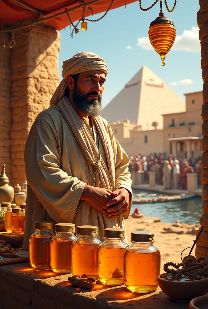 Babylonian man, exchanging copper for fine fabrics and exotic spices, with a landscape of temples and ziggurats in the background, in the market of the city of Babylon, realistic image, ultra defined image, 8k, FHD