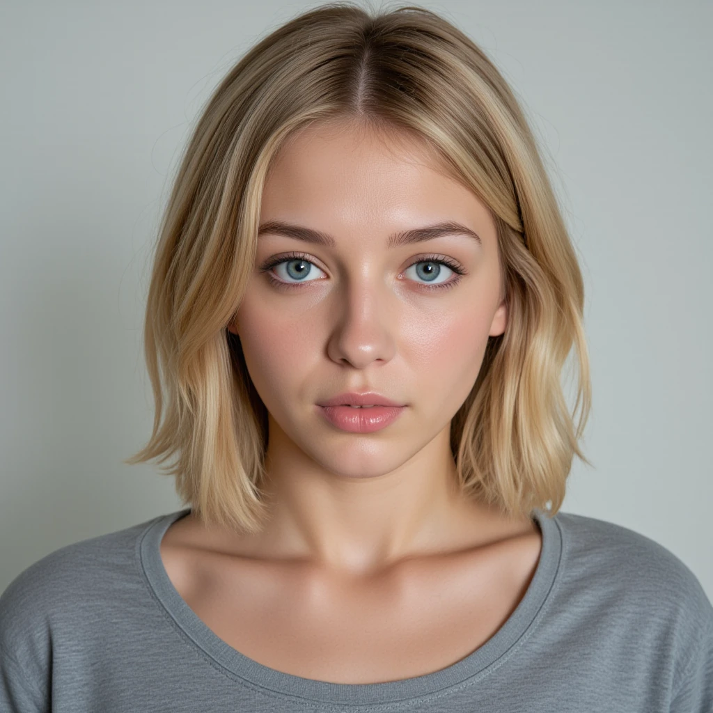 young woman, blonde hair, blue eyes, white t-shirt, indoor, direct gaze, frontal view, medium shot, soft focus background, dark room, casual style, natural makeup, single portrait, serious expression, floor lamp, messy background epicphoto