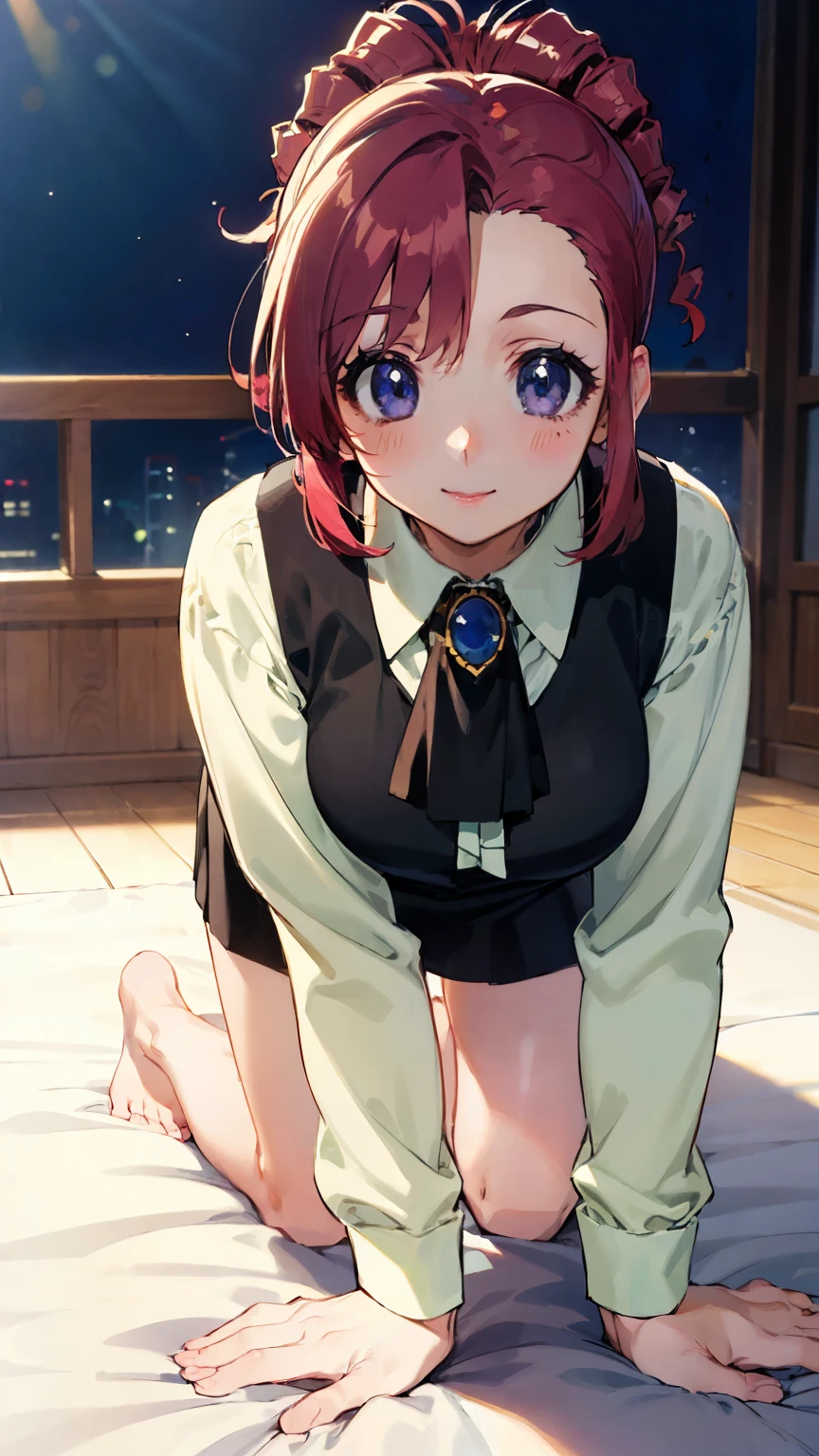 ((anime style))、upper body、 redhead、(female1people々)、若いfemale、beautiful長い脚、beautiful体、beautiful鼻、Completely、completely complete、 perfect legs、perfect balance、(beautiful、big on the floor:1.4)、big ass, thigh, (beautiful顔:1.5)、(thin waist)、Perfect Lighting、colorful、bright front light、Glowing Skin、 (masterpiece:1.0)、((high resolution))、((Top Quality))、((4K))、( real color )、(anatomically correct hand)、( correct handshake)、(Accurate feet)、break、side lock Glacier、brooch、 jewelry、Ascot、Red Vest、miniskirt、break、 black skirt、long sleeve、glass、break、(on the bed)、(on all fours), break、pretty face, smile, eye wrinkles