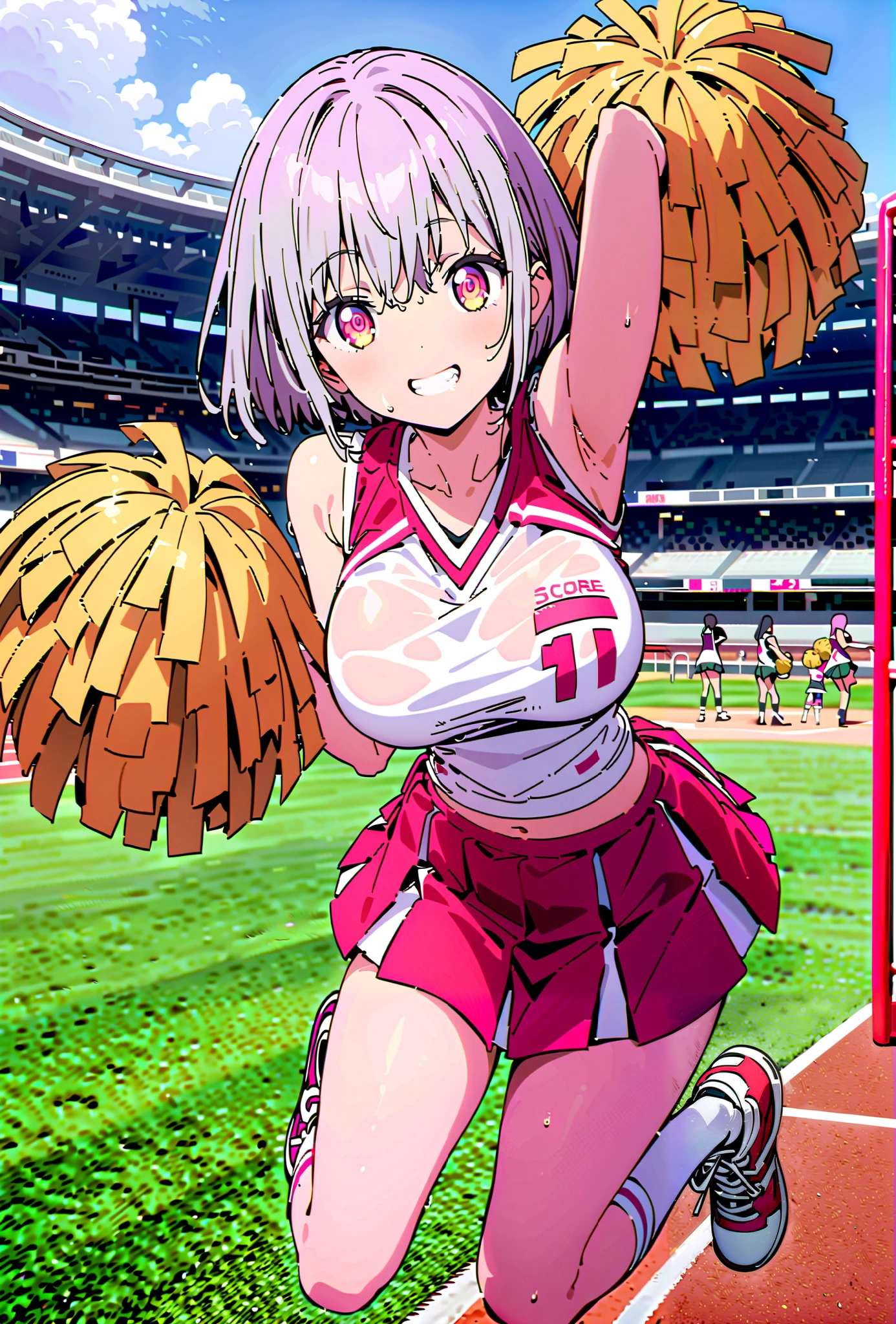 score_9, score_8_up, score_7_up, source_anime, Red root heart , light purple hair, pink eyes, short hair,Big Breasts,smile,cover, grin ,(Cheerleading), (full body), on chest, (sweated), sweated Wet Clothes, (white clothes),sleeveless, pleated skirt,White socks,sneakers with a ladyback letter, stomach button support , playground, (jump), (jump), 両足を曲げてjumpする,arm up , blue sky, Compa,cheerleader, Pom-pom \(Cheerleading\) real hair ornaments,break outdoors,Stadium,
break looking at viewer,full body,
break (masterpiece:1.2), Top Quality, high resolution, Unity 8k 壁紙, (illustrations:0.8), (beautiful detailed eyes:1.6), very detailed face, so that it fits into the illustration, extremely detailed CG, full body写真,(perfect hand, perfect anatomy),