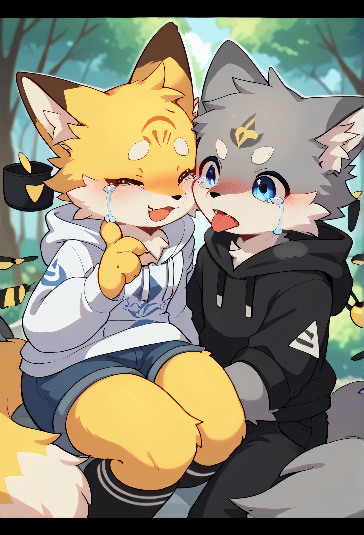 Couple wearing fur , a young male fox with golden fur and a female wolf with silver fur, kissing passionately in the moonlight ,灰色の狼の雄,both characters have expressive eyes,Crying a lot,激しくCrying a lot,Crying so hard,Each other's faces are kind,(Gray male)(yellow female)The background is a serene forest clearing illuminated by soft moonlight and glowing fireflies. art style: anime, Soft Writing, very detailed, Romantic Atmosphere. Top Quality, super detailed,4K resolution,Hoodie and shorts,Female with yellow fur and male with gray fur,It's wolf ears and fox ears!