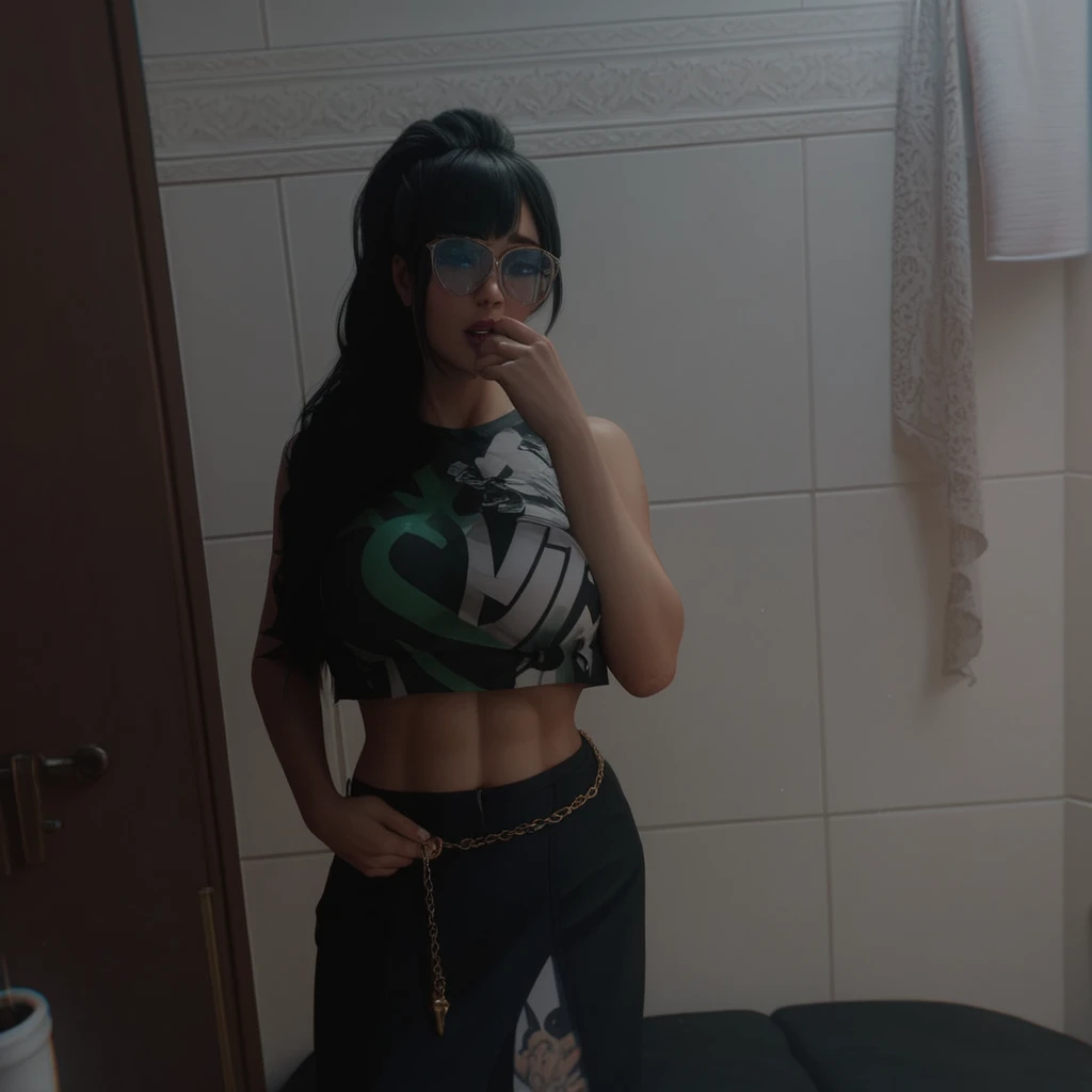 Latin woman of approximately 24 years old, stomach 1.72 meters posing with his entire body naked, without bra or panties or panties, with legs open, She is white and has green eyes, He has turquoise hair. He is inside a gray room, posing with her vagina open towards the camera (image as if it were a photo) , while you see that he has a dildo in one hand, she is very pretty and hot. She is excited and looks pleased. You can see her nipples and her tits are pretty