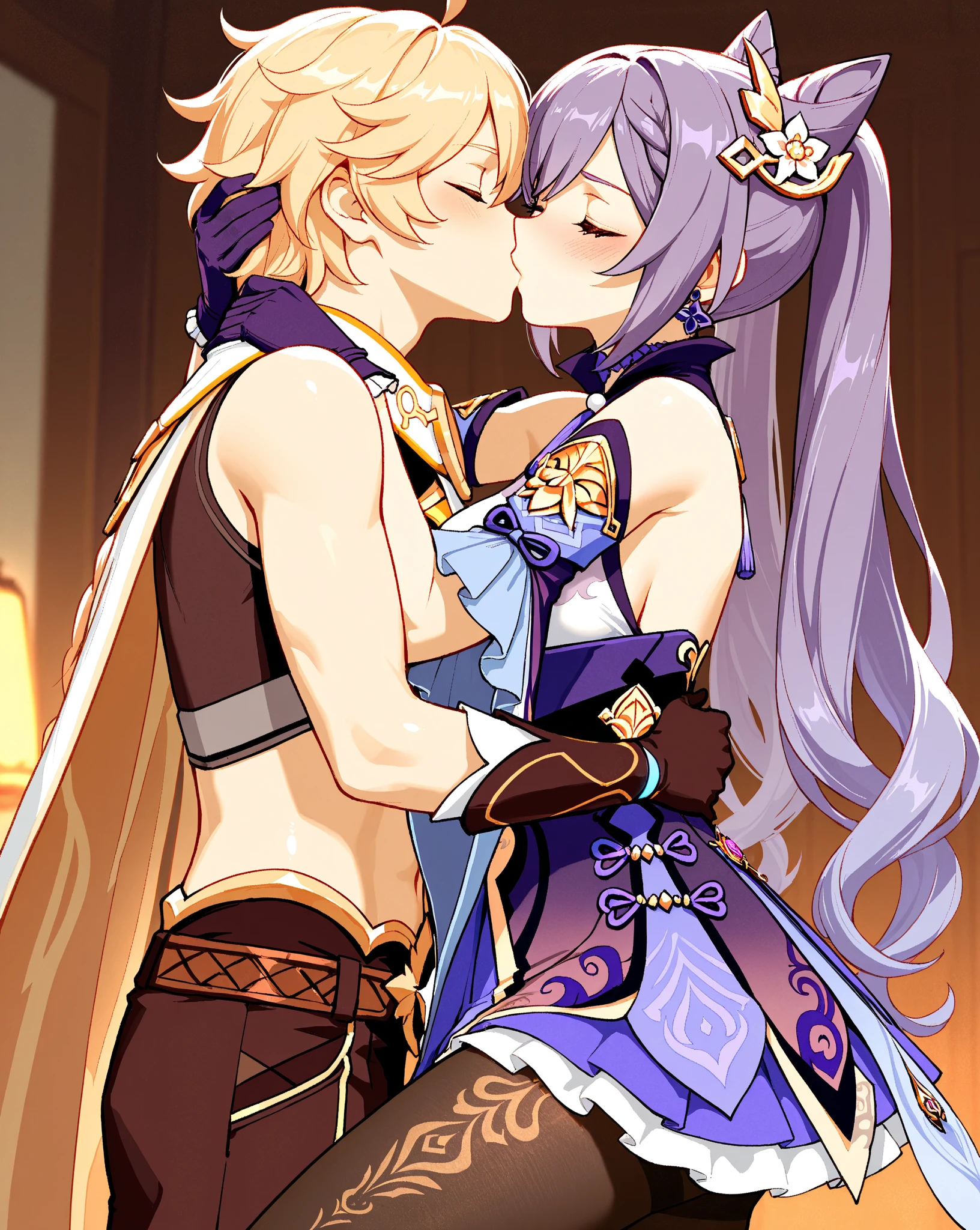 ((Highest quality)), ((masterpiece)), (detailed), (Perfect Face)、The woman is an Exstia, a transforming heroine with semi-long blue hair.、The man is the evil leader, Naioro, a handsome man with medium-long blonde hair and a black bodysuit.、A woman and a man are hugging each other, kissing, making love and having sex