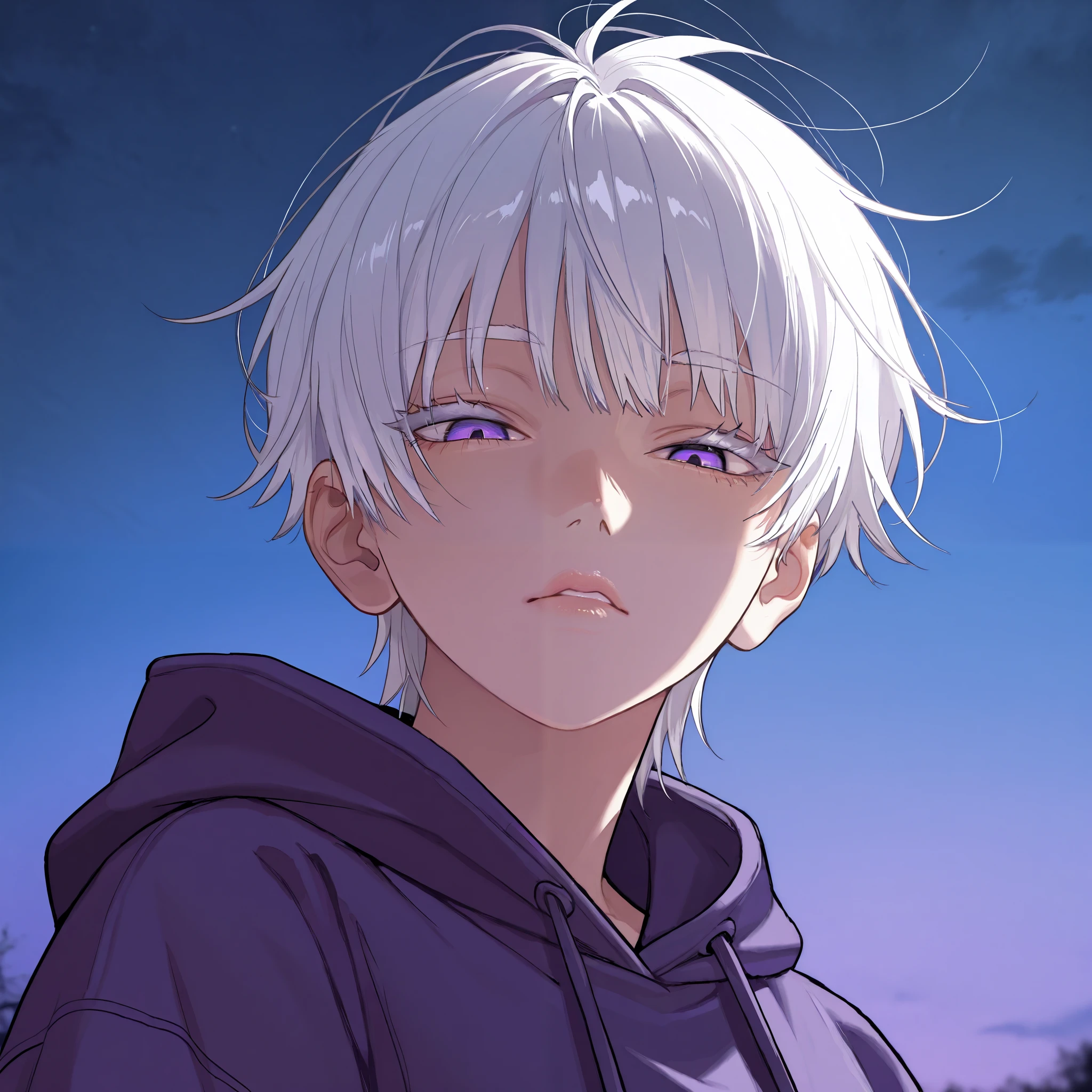 1 girl, tomboy, beautiful face, short hair, white hair, bangs, straight hair, messy hair, purple eyes, cold eyes, reddish lips, very bright skin, white eyelashes, thin eyebrows, white eyebrows, purple hoodie, lighting, shading, detailed, masterpiece, looking down at viewer, masterpiece, sky background, night time, full face, face close up