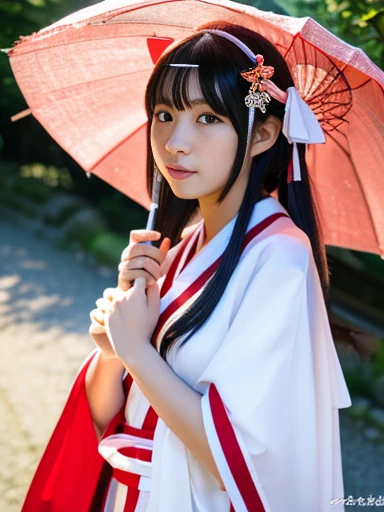girl　shrine maiden　kimono　black hair　serious　The morning sun is dazzling　mysterious　Ocean　summer　blue sky