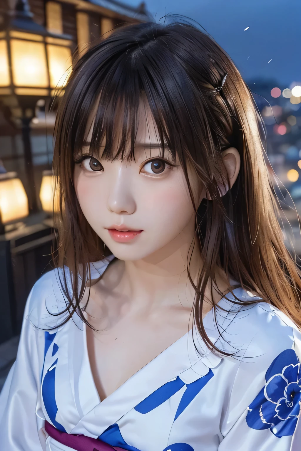 (masterpiece、Top Quality、 super detailed description、super high resolution)、(portrait shooting:1.3)、girl、solo、((small chest))、cute、idol face with lots of eyes、(Professional lighting and shadows:1.4)、(Long Hair Blown in the Wind、 without makeup:1.4)、、(blur background:1.4)、Sakura pattern kimono、(night:1.4)、(rooftop)