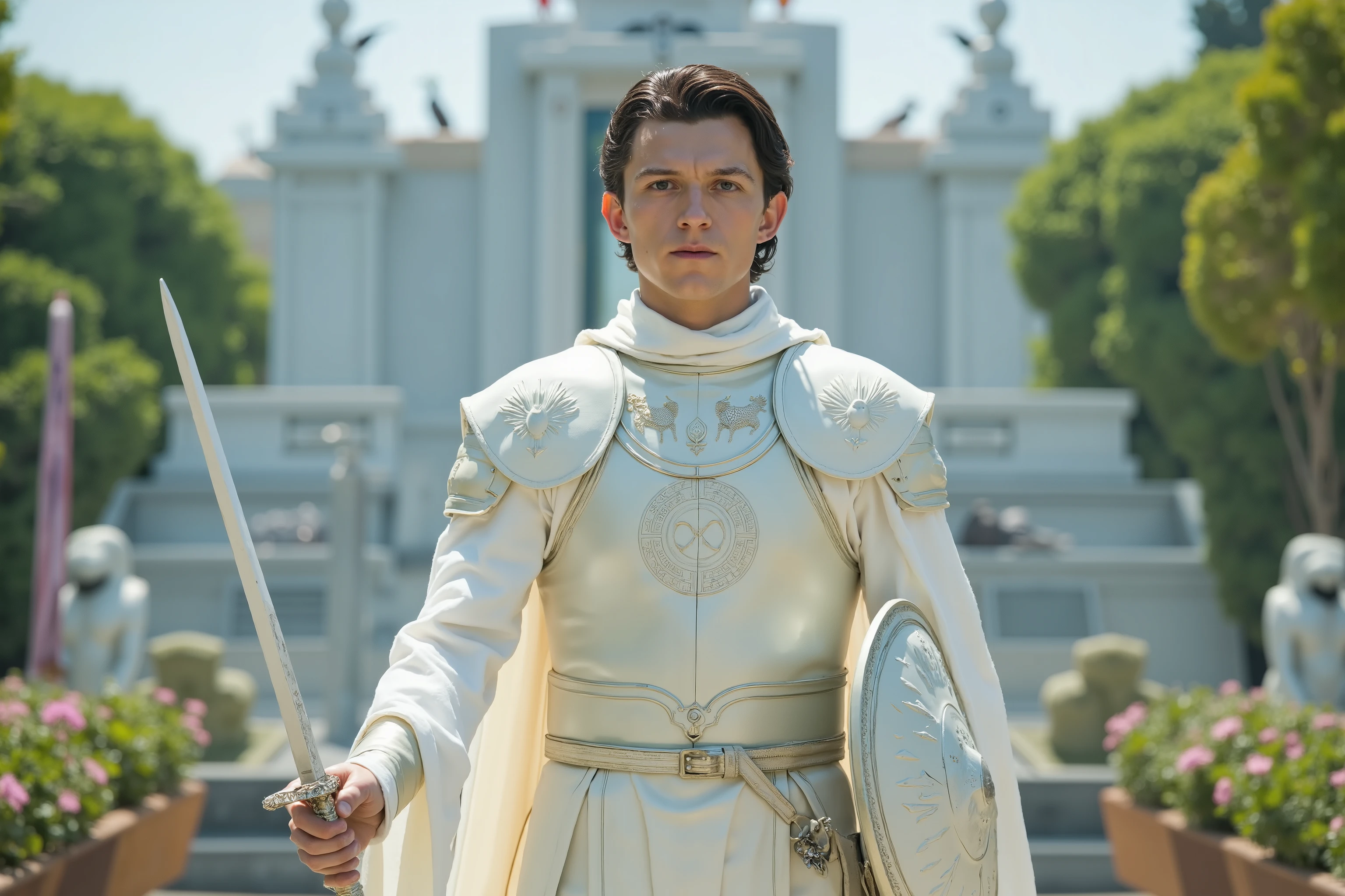 Tom Holland reimagined as the embodiment of Jainism in the form of a serene and ascetic medieval knight, walking through a temple garden of silence and light, dramatic atmosphere, 1 male
Short, clean dark hair beneath a thin white circlet made of ivory and crystal, adorned with the Jain symbol of the open palm and wheel of dharma. His blue eyes are peaceful and introspective, reflecting absolute non-violence and inner liberation.
His armor is minimalist, crafted of matte white and pale silver plates with flowing lines, designed more for symbolism than battle. Subtle engravings of lotuses, peacocks, and the syllable "Ahimsa" run across his chestplate. Over it, a translucent white robe flows like spiritual light, clasped at the shoulders by pure crystal fasteners.
In his right hand, he gently holds a ceremonial white-bladed sword, engraved with the word “Ahimsa” along its length — symbolic of self-discipline, not aggression. In his left, a small round shield made of polished silver and white jade, inscribed with the open palm symbol and delicate floral patterns.
His lower armor consists of pale greaves inlaid with sacred geometry, over soft cloth boots designed for silent steps. A white sash wraps around his waist, from which hang prayer beads and scrolls containing Jain texts. A lightweight white hood is draped over his back, reminiscent of monastic robes.
His posture is calm and upright — a guardian of peace, not a bringer of war. Light surrounds him like a halo.
The background shows a pristine white marble Jain temple surrounded by flowering trees and sacred steps. Birds rest on temple spires, and gentle wind stirs prayer flags bearing peaceful symbols.
Shows his full figure, calm and weightless presence, ethereal body, full body, spiritual and ascetic Jain knight with ceremonial sword and shield
Photorealistic, masterpiece, realistic, high contrast, 8k, HD, high definition detailed, hyper detailed, realistic skin texture, best quality, ultra high resolu