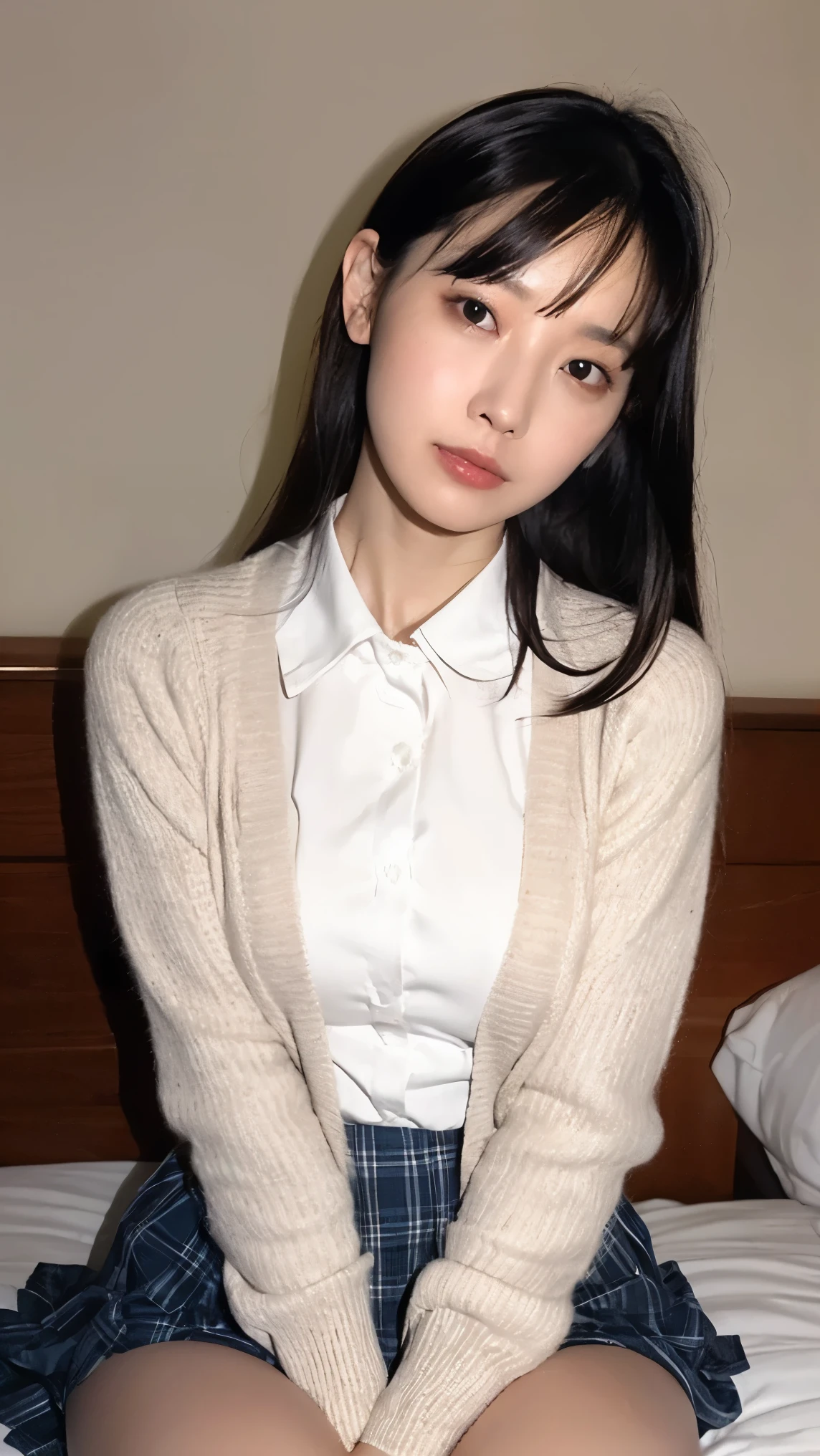alone、natural body shape、white skin、Natural Makeup、black hair、bungs、straight long hair、、(expensive  、beige long sleeve cardigan、white blouse、 blue plaid pleated skirt )、Big Breasts、((upper body is in uniform))、((( knee-to-head portrait )))、((( white beauty around her thighs )))、bedroom、on the bed、sitting、((focus on your crotch),frown)
