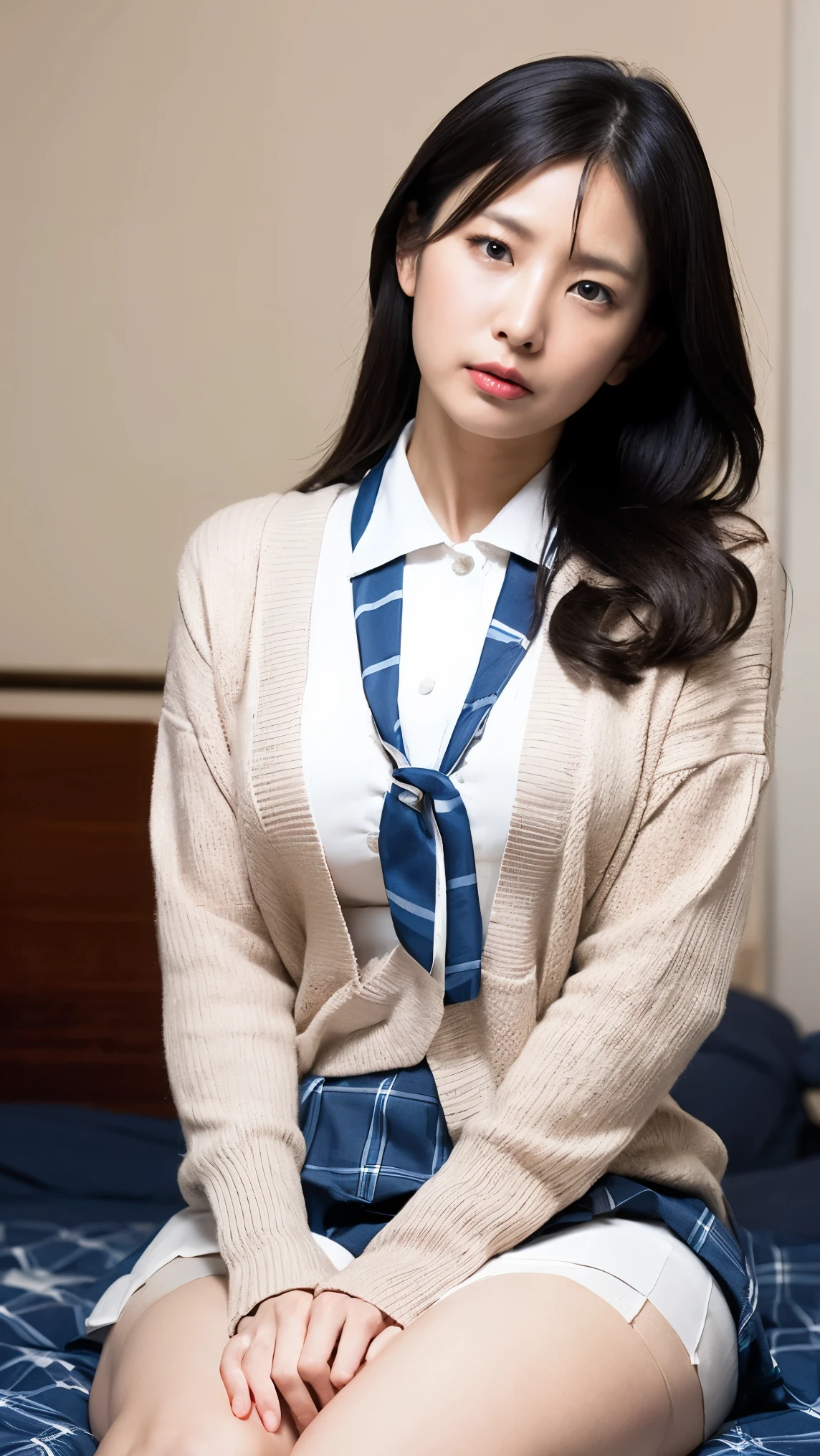 alone、natural body shape、white skin、Natural Makeup、black hair、bungs、straight long hair、、(expensive 、beige long sleeve cardigan、white blouse、 blue plaid pleated skirt )、Big Breasts、((upper body is in uniform))、((( knee-to-head portrait )))、((( white beauty around her thighs )))、bedroom、on the bed、sitting、((focus on your crotch),frown)