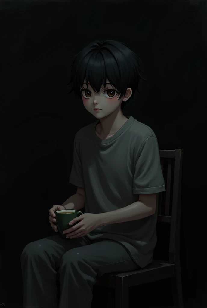 Black-haired, red-eyed cannibal boy wearing a sweater with a coffee in his hands and a small smile sitting on an armchair.