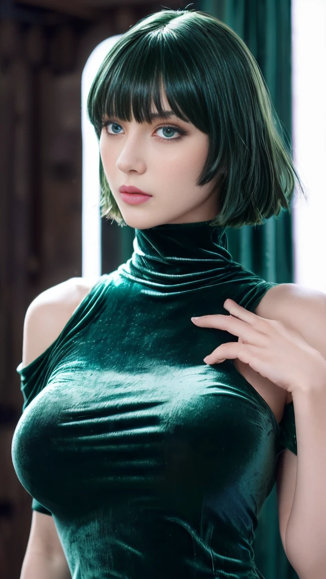 Girl with short green hair, Medium chest, Green eyes, wearing black casual clothes、Beautie、Mature、(tits out)see through dress