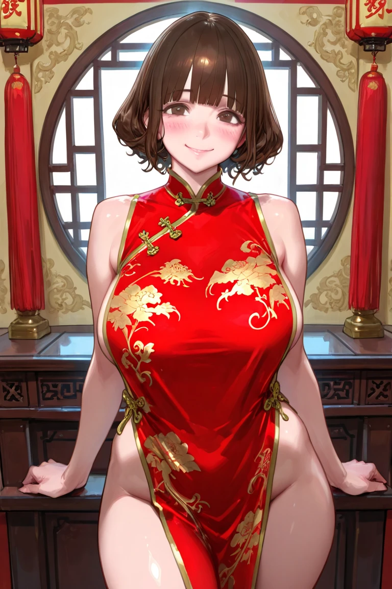 (Tabletop, Digital Art, Digital Illustration, 4K, 8K, Very detailed, Beautiful images, Clear images, Realistic, RAW Photos, Perfect Face, Perfect Lines, Perfect Eyes, Soft lighting) 1 female, (Light brown hair,Chignon Hair,Innocent look,Cute big eyes,Natural Makeup,smile,Round chin,masterpiece, best quality, 1 girl, 独奏, large breasts, red chinesedress, brown eyes, bangs, brown hair, shy, hand between legs, breasts out, (nipples:1.2), nsfw:1.2, sitting, upper body, chnese room, (Beijing:1.2),(1 boy, a boy is grabbing girl’s breasts from behind :1.3),arms up