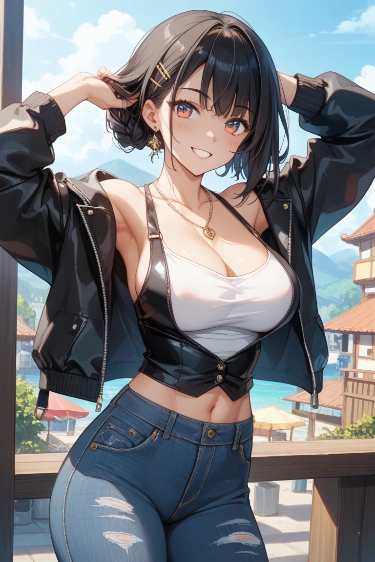 Masterpiece,8k, perfect face highly detailed,HDR, ultra realistic photoshoot, absurdres,award winning photo, extremely detailed, amazing, fine detail,
KazAsuka, Japanese woman, blue crop top, big breasts, denim jacket and minishorts, short black hair, MMA gloves, posing for a picture, in the streets of Osaka