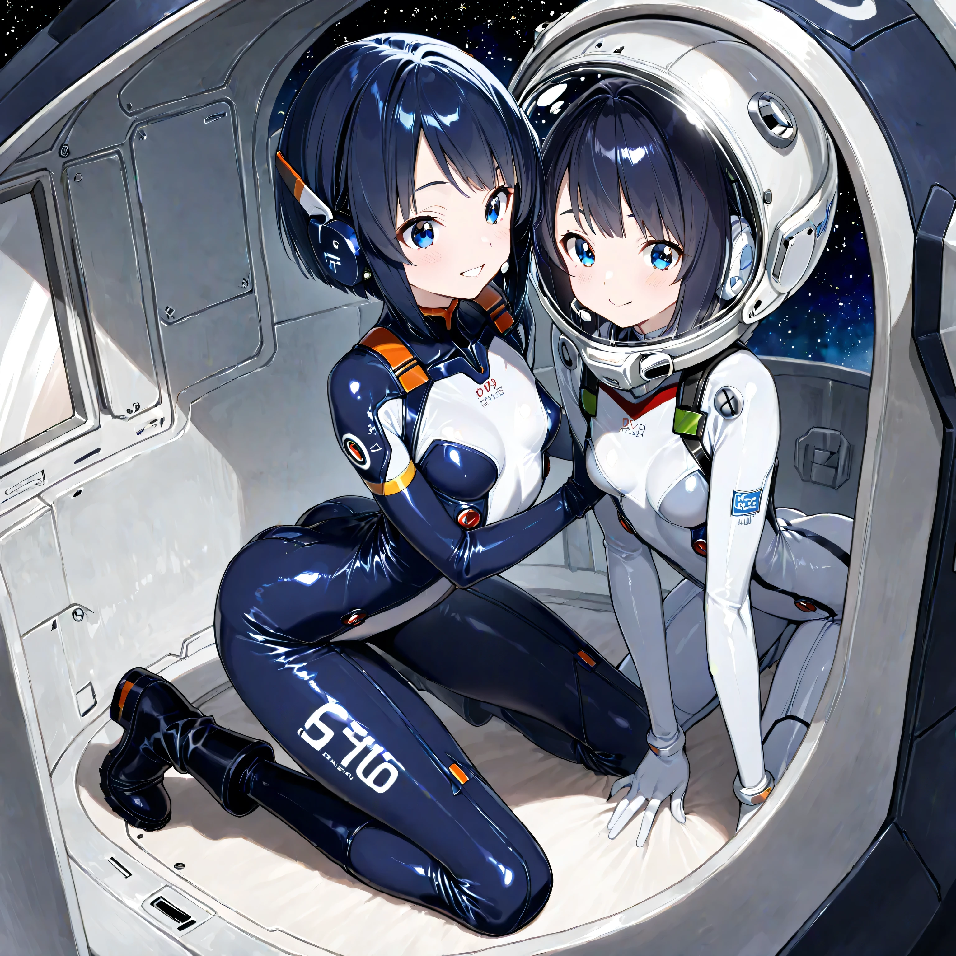(superflat, flat shading, flat color), masterpiece, best quality, spaceship interiors, 2girls, , petite, spacesuit two piece, space helmet, white panties, belly, flying in zero gravity, in spaceship room, sci-fi, vibrant colors, watercolor, ghibli style