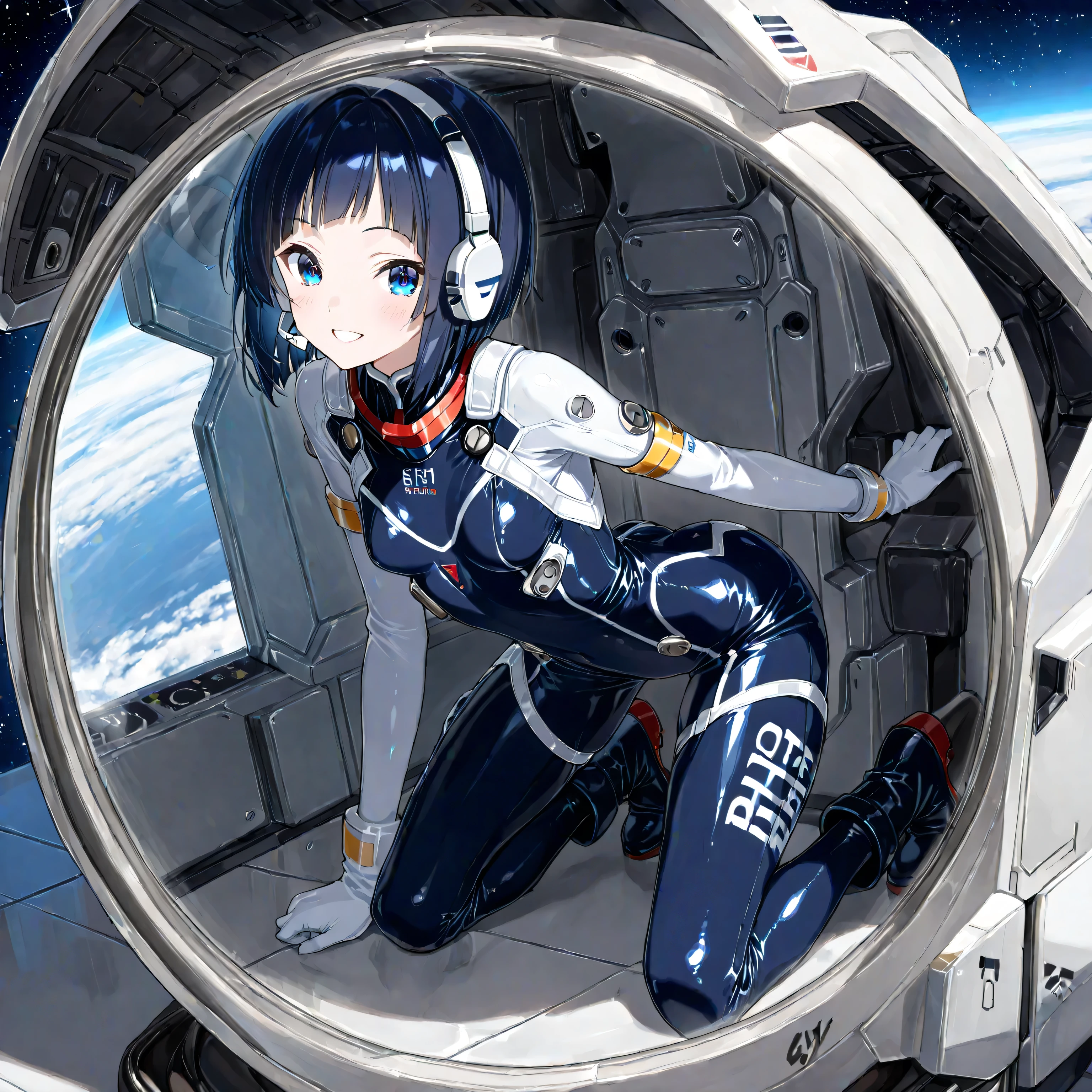 (Highest quality), (masterpiece), 1080P, High resolution, 4K, 8k, Inside the space station、Futuristic room、Shooting from directly below, The woman on top of me, 白いSweat, Covered , Sweat, Woman looking down, Skirt swimsuit, Showing off white pants。jumping:1.5,zero gravity,floating,, black tights,futuristic boots,headphone,Halation,To achieve this, 16 years old, , whole body, Braided hair, Inner Color, Embarrassed face, Short black hair,  Bedroom,white downVest,celestial body_Vest
