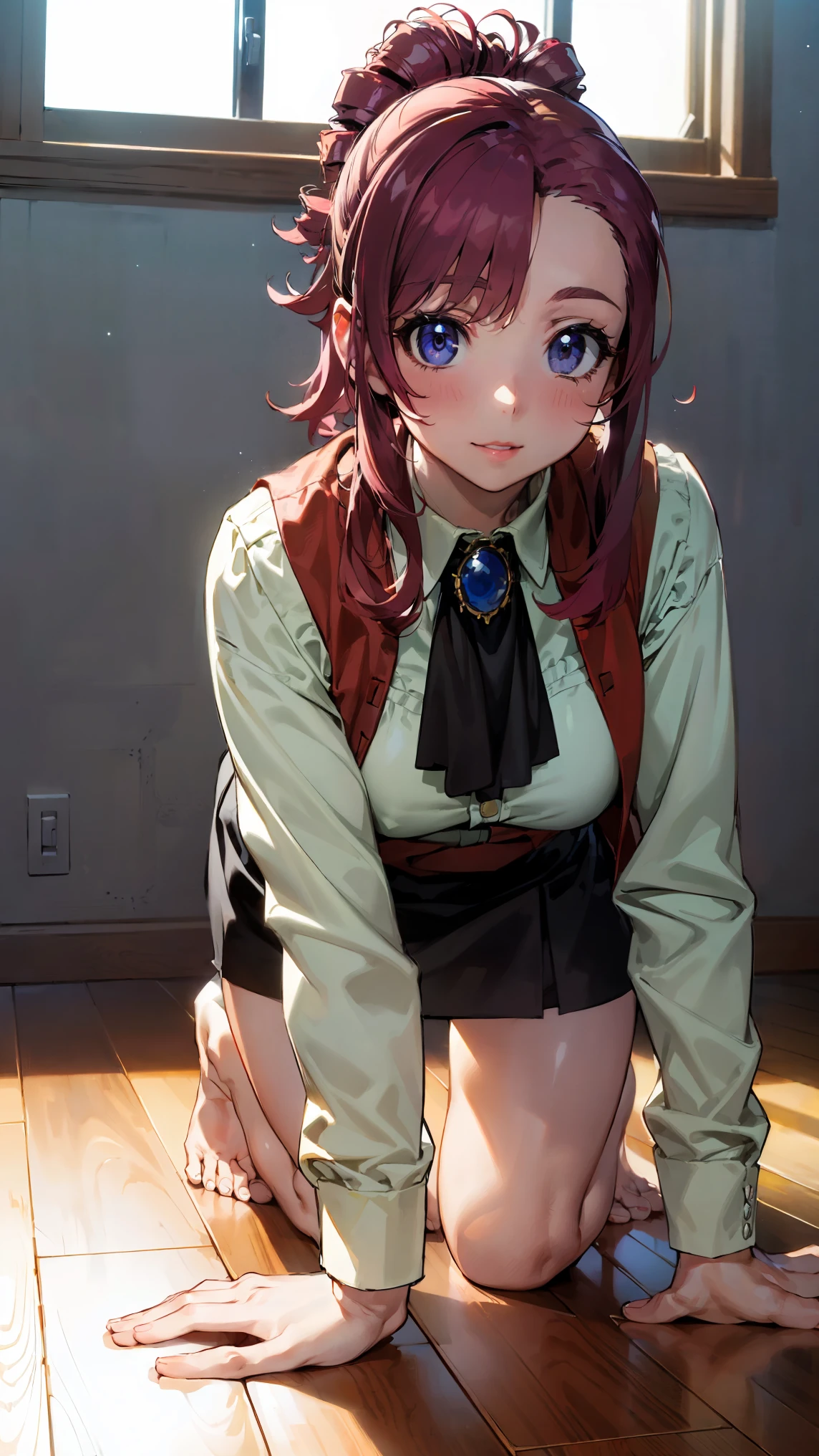 ((anime style))、upper body、 redhead、(female１people々)、若いfemale、beautiful長い脚、beautiful体、beautiful鼻、Completely、completely complete、 perfect legs、perfect balance、(beautiful、big  on the floor:1.4)、big ass, thigh, (beautiful顔:1.5)、(thin waist)、Perfect Lighting、colorful、bright front light、Glowing Skin、 (masterpiece:1.0)、((high resolution))、((Top Quality))、((4K))、(  real color )、(anatomically correct hand)、( correct handshake)、(Accurate feet)、break、side lock Glacier、brooch、 jewelry、Ascot、Red Vest、miniskirt、break、 black skirt、long sleeve、glass、break、(on the bed)、(on all fours), break、pretty face, smile, eye wrinkles