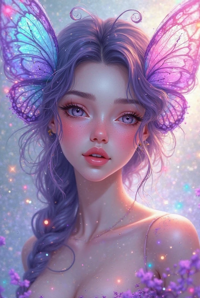 beautiful angel with a dress made of soft gossamer feathers and silk, beautiful iridescent wings, highly detailed wings, head and torso visible, interesting pretty background, fantasy, mythic fantasy, fairytale fantasy, (hires eyes), big eyes, beautiful eyes, shimmering background, 1 woman, 1 face, lots of colorful flying birds and butterflies, (iridescent details), silk and chiffon dress, ultra detailed, adult person, intricate, saturated colors, full lips, big mouth, light pink and dark pink and pink blue color scheme, rich colors, delicate intricate circlet, dynamic and interesting composition, smooth realistic skin texture, (cotton candy fantasy colors and aura), (high neckline), studio lighting