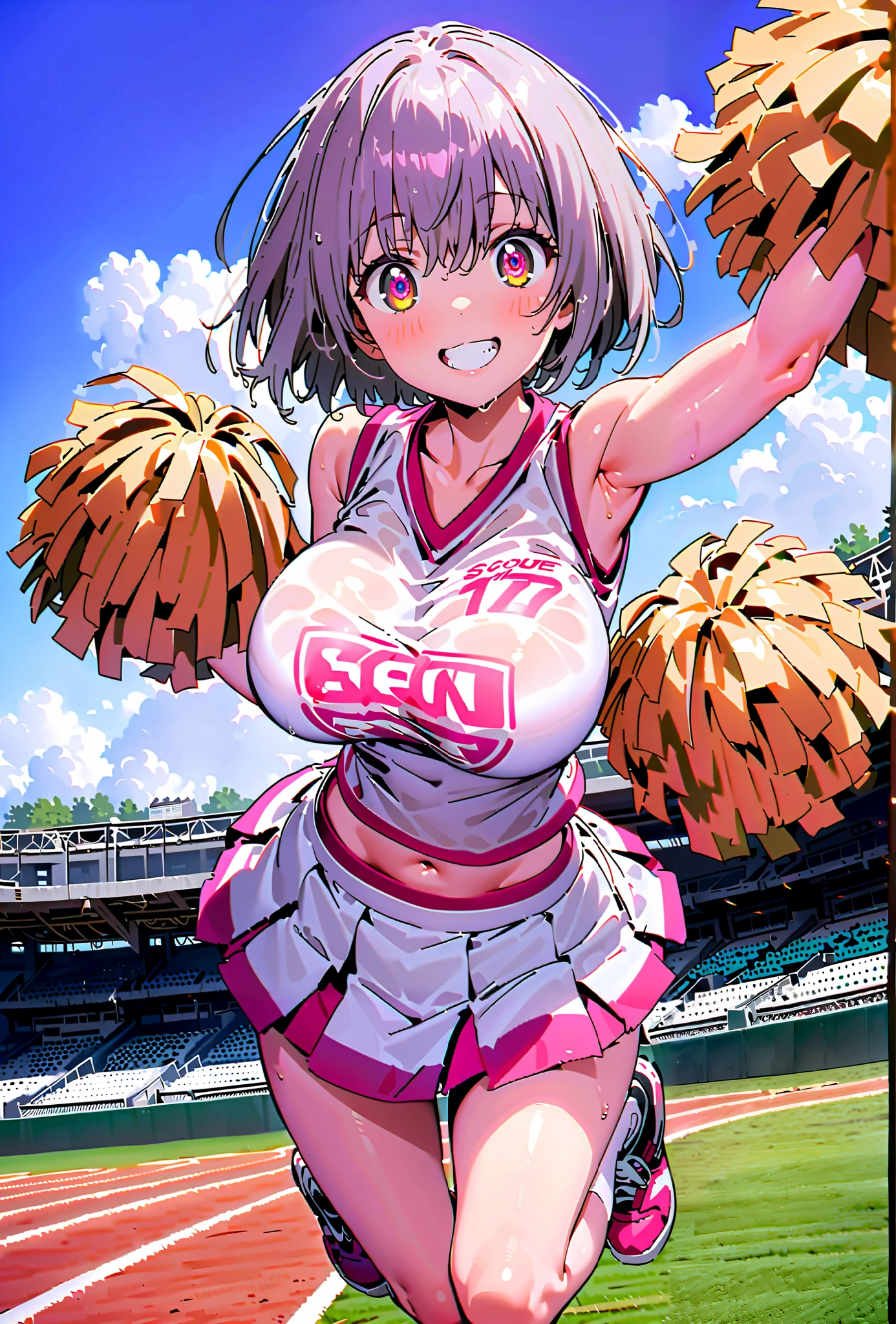 score_9, score_8_up, score_7_up, source_anime, Red root heart ,solo, light purple hair, pink eyes, short hair,Big Breasts,smile,cover, grin ,(Cheerleading), (full body), on chest, (sweated), sweated Wet Clothes, (white clothes),sleeveless, pleated skirt,White socks,sneakers with a ladyback letter, stomach button support , playground, (jump), (jump), 両足を曲げてjumpする,arm up , blue sky, Compa,cheerleader, Pom-pom \(Cheerleading\) real hair ornaments,break outdoors,Stadium,
break looking at viewer,full body,
break (masterpiece:1.2), Top Quality, high resolution, Unity 8k 壁紙, (illustrations:0.8), (beautiful detailed eyes:1.6), very detailed face, so that it fits into the illustration, extremely detailed CG, full body写真,(perfect hand, perfect anatomy),