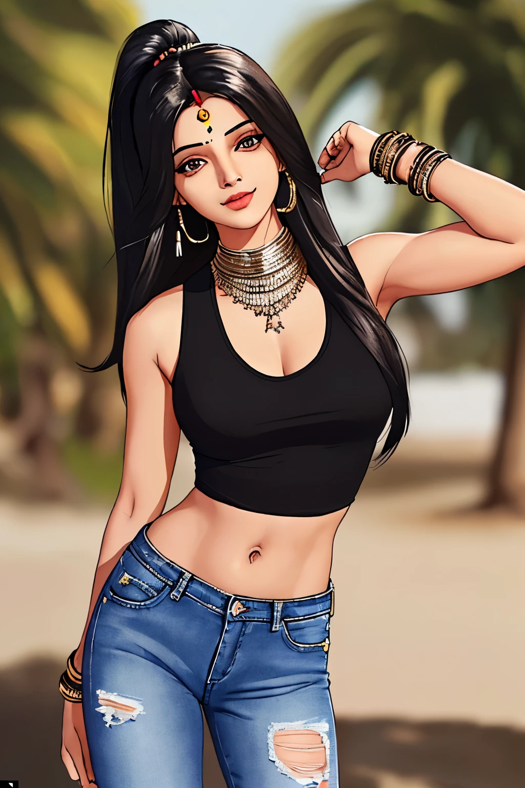 Appearance: A young Indian woman with long, dark hair and striking features. Her eyes are deep and expressive, and her smile is infectious. She has a slim, athletic build and carries herself with confidence.
Clothing: She's wearing fitted jeans and a tank top that shows off her midriff, and edgy accessories like chunky boots or statement jewelry.