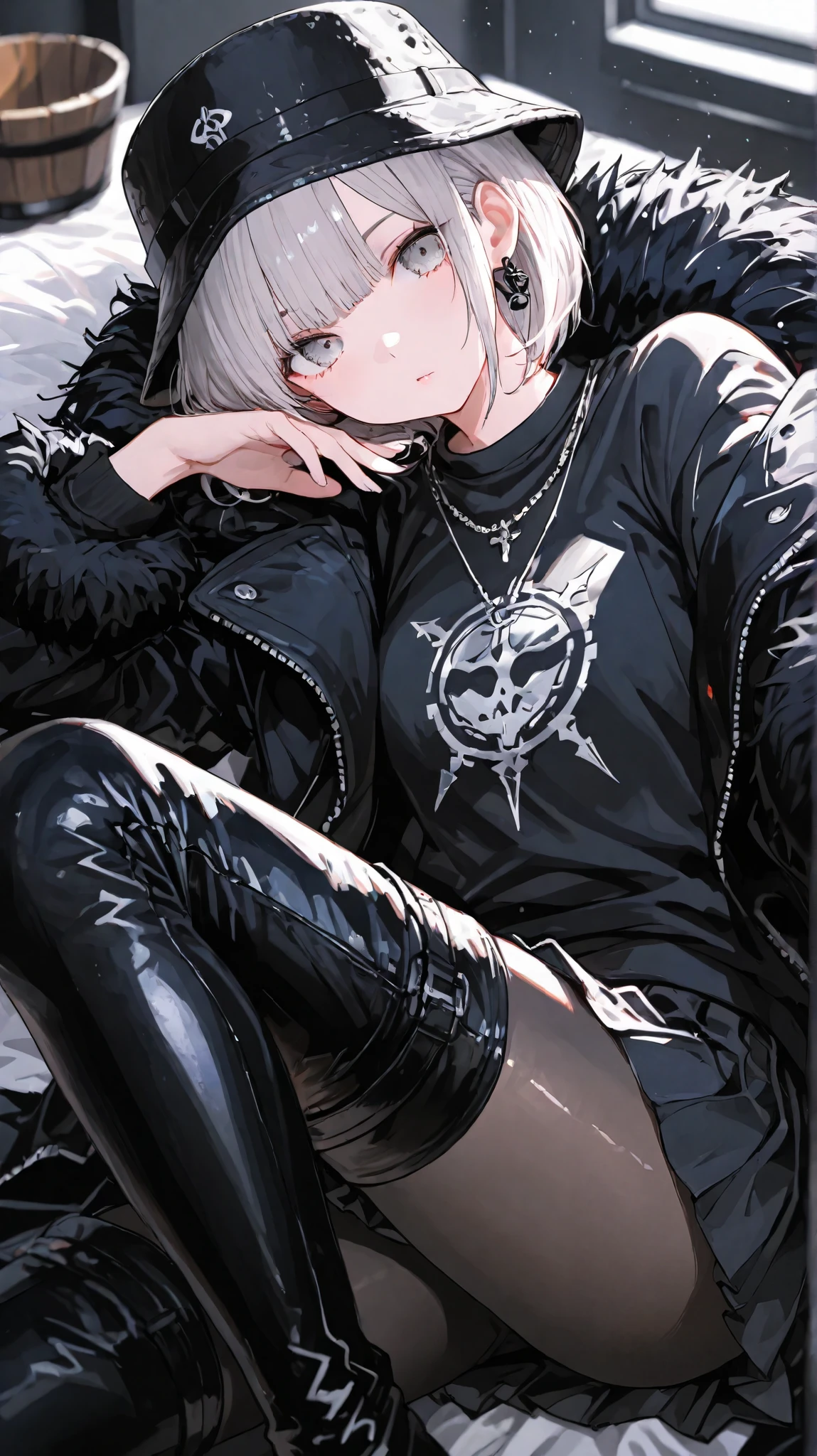1 girl,bob hair, solo,silver hair,silver eyes,thigh boots,pantyhose,looking at viewer, (EyesHD:1.2), masterpiece, best quality, ultra-detailed, very aesthetic, sharp focus, depth of field, vibrant colors, ray tracing, best lighting, detailed illustration, detailed background, cinematic,selfie,extreme close up, black sweatshirt,black pleated skirt, black boa coat, LEATHER BUCKET HAT, necklace, earrings, lying on one’s back, one’s knee bent,