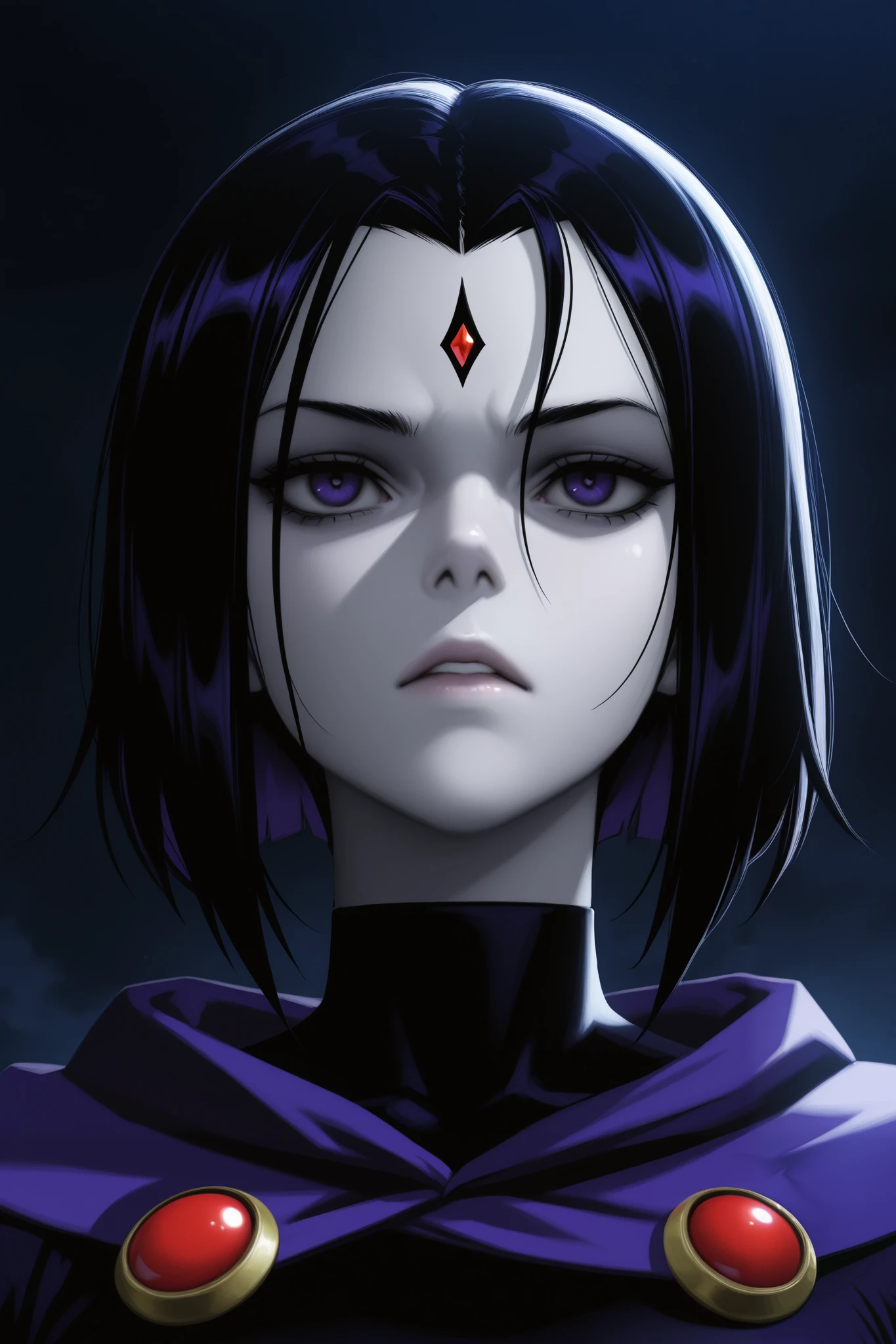 (anime_screencap),1girl,raven (dc),detailed portrait,intricate facial features,intense gaze,black hair,pale skin,moody expression,dramatic lighting,cinematic atmosphere,fantasy setting,dark background,mystical elements,digital art,4K,8K,high resolution,masterpiece,ultra-detailed,photorealistic