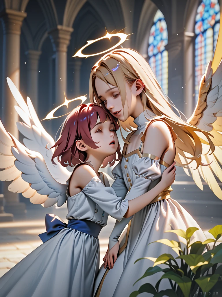 An angel expelled from heaven, kneeling on the ground, injured,