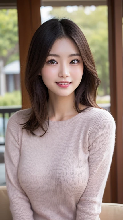 Tabletop, Highest quality, Realistic, finely, High resolution, 8k wallpaper, Perfect dynamic composition, Beautiful and beautiful eyes, Medium Hair, Big and ample breasts, Random sexy poses,Random Situation、(Tight Beige Knitwear)、(Breast swelling 1.5)、smile、５０Year、(Droopy Eyes 1.3)、Mature adult beauty、Japanese、