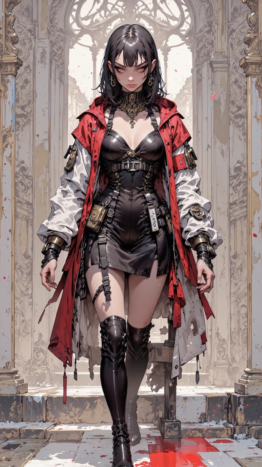 ((BLACK BACKGROUND,1:2, masterpiece)), full body MILF BIMBO standing with two long thighs and two metal sandals, red eyes, silver white hair, short bob style hair, big breasts, cleavage, separate sleeves, tiara royal, long cape up to two feet, yellow bikini, hands on waist, navel, lustful smirking smiling, smile face (red blushed, red cheeks), metal shoulders, gold sleeveless armbands, black leather choker slave collar, shackle bracelets, sex slave red crest, pauldrons, breastplate, corset, eye focus, full body, whole body. 1solo . slave fighter, loincloth standing, hands on hips, metal sandals, backpack, choker, big belt, view from below, feet together, bracers, tiara