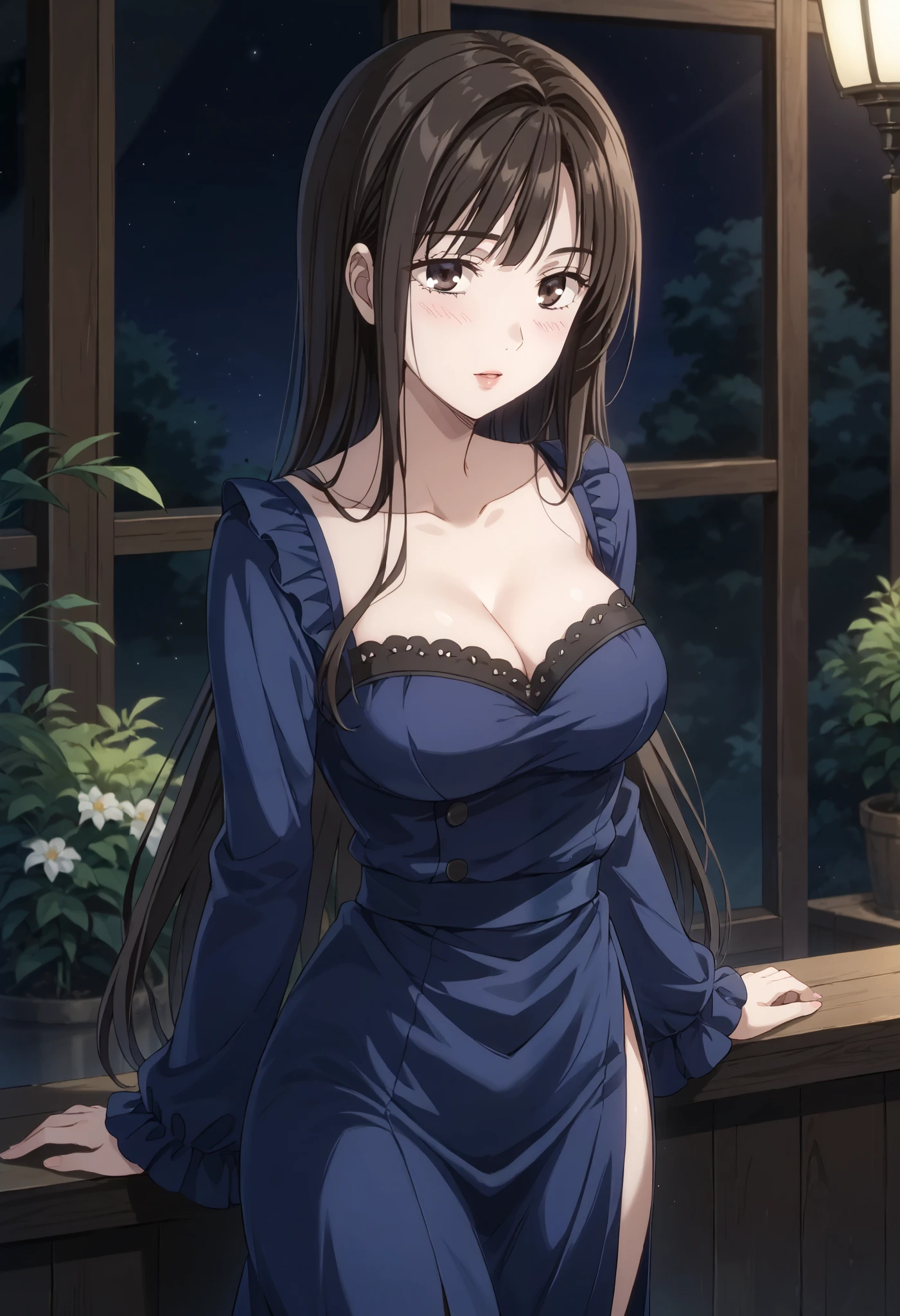 Mako Sato (Initial D　)、dark blue dress、((Close-up))、(Top angle)、(medium breasts)、The Valley of the Chest、I'm ashamed、cover、Outdoors、Ulchan-6500-v1.1, ( RAW photos :1.2), beautiful detailed, very detailed目 美しい目, beautiful eyes、Brown Eyes 、 file size is large, high resolution, very detailed, Top Quality, [masterpiece:1.6], Awareness-raising, very detailed, CG, finely, Top Quality, 8K wallpaper, perfect body shape、Dynamic、very detailed、long hair、black hair、thigh