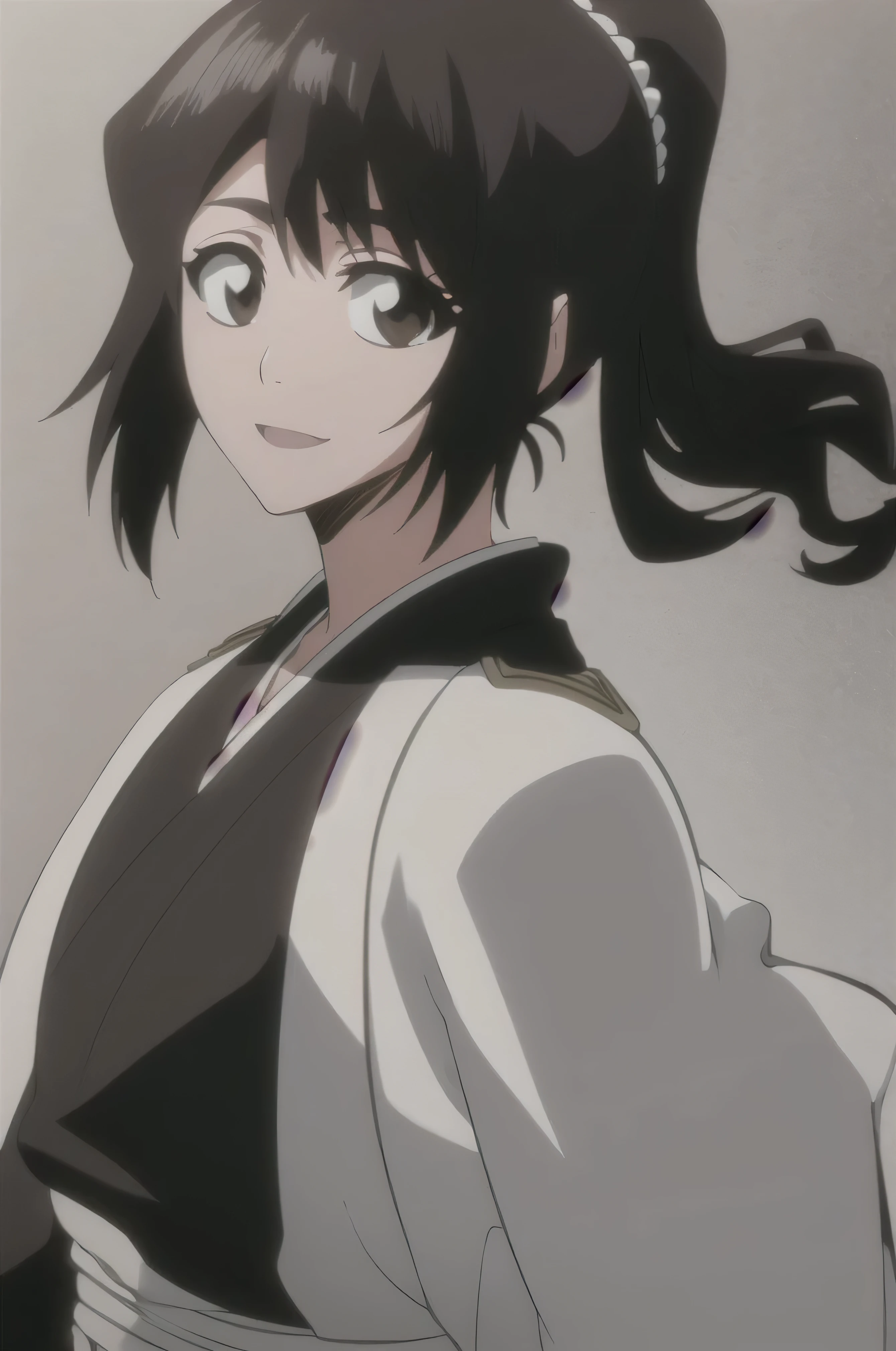 masterpiece, top quality ,
1 girl from the side , romantic love , black hair, single , ponytail, Vancouver, brown eyes,
Hair bangs,
kimono, white sleeveless coat ,Captain's coat without white sleeves, black kimono ,
smile, alone, I'm looking for , simple background , white background