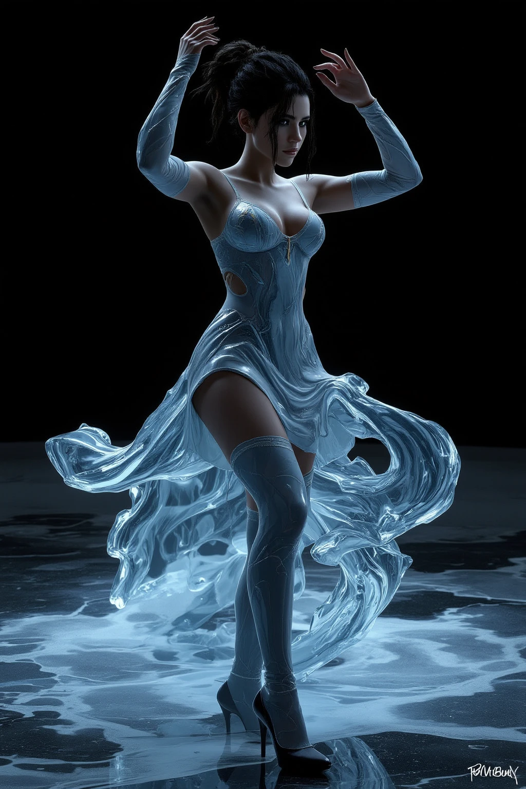 In a mesmerizing acrylic painting, a dynamically enhanced virtual influencer emerges, captivating the audience with every brushstroke. Full body female figure, small breasts, caucasian, boasts perfectly symmetrical features and flawlessly applied virtual makeup, creating an otherworldly allure. The vibrant colors of the digital clothing appear almost tangible, exuding a radiant energy that contrasts starkly against the monochrome background. Delicately crafted shadows and seamless details lend an astonishing photorealistic quality to this image, blurring the boundaries between the real and the virtual,  in the background high quality, 8K Ultra HD, motion grafic, wallpaper, simple, blue, black, black background, blue fire