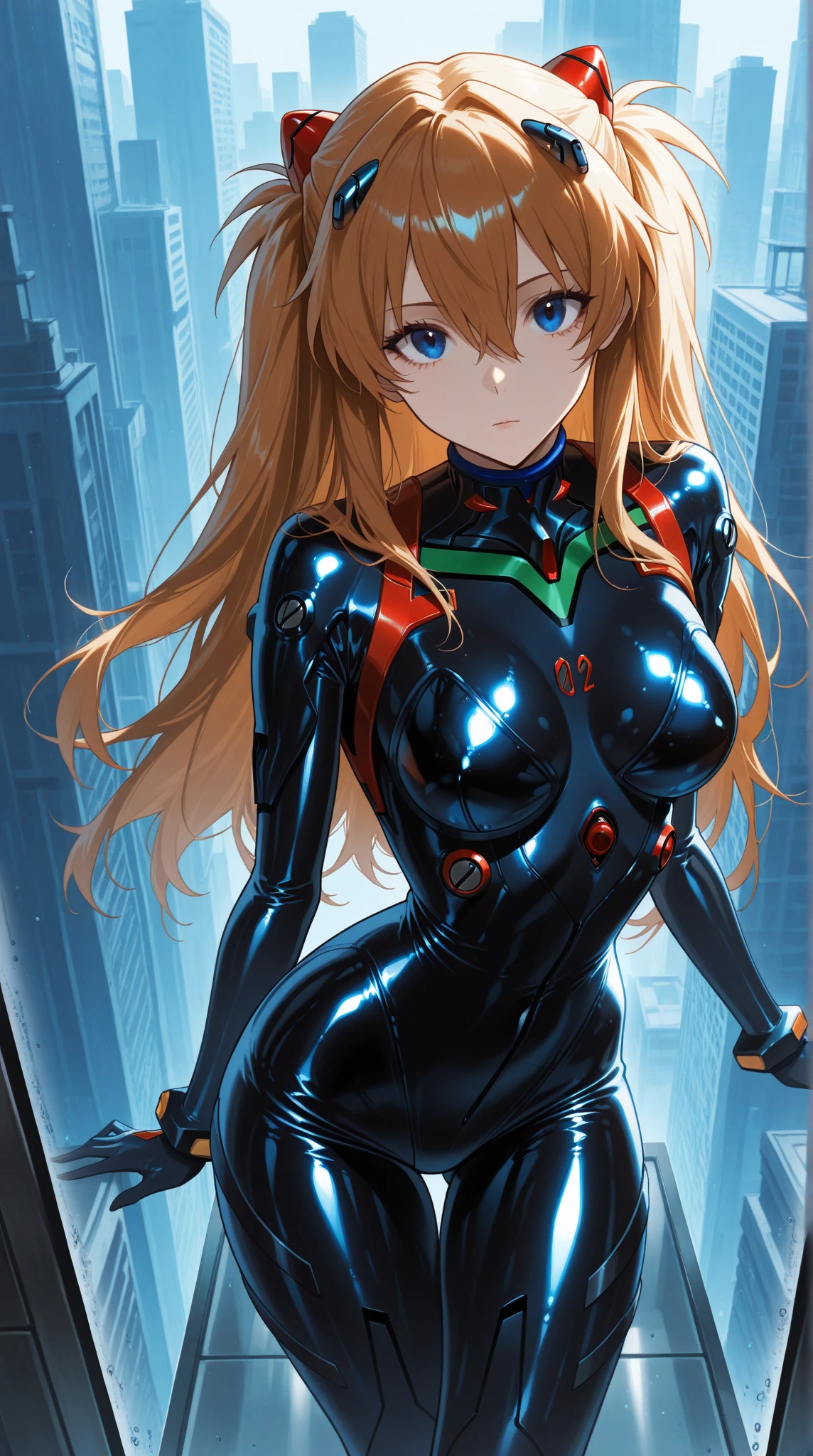 masterpiece,8K,3d,((whole body),(Realistic),photograph,Highest quality,Official Art,(((Female NSFW1.1))),(Arms crossed:1.0,stand,Leg spread:1.0),(Perfect proportions: 1.1),(From below:1.2),Dynamic Angle, ((Soryu Asuka Langley,Soryu Asuka Langley Plug suit 02:1.5),(cyber punk:1.2,A cramped and dark sci-fi spaceship cockpit:1.1,,Curved interior, Holographic Display Panel:1.1, Joystick,), 20-year-old, Vibrant colors: 1.6, (Face and eye details: 1.2), Detailed face, Detailed lips, Fine grain, double eyelid, (Beautiful Face, Beautiful Eyes, blue eyes: 1.5)), Wet eyes, thin sharp pale eyebrows, Long eyelashes, Long lower eyelashes, (((Captivating smile)), (Delicate and beautiful fingers)), (expensive, Small face), Lean and muscular, (High leg swimsuit : 1.3), (See-through), Bodysuit reflected in the mirror, Bright red shiny rubber suit, Translucent shiny red tight suit, glossy meexpensiveic details, Glossy red holographic leather, Red tight gloves, Pointed Chest: 1.2, (Glossy black tight latex on the inside of the arm)), (The black joint under the chest is perfectly round.: 1.5)), The black connection part on the shoulder is circular.), Two simple thick black latex rays from thigh to buttocks, Green part of the shoulder blade, The small logo pattern on the chest is 02, Long legs, Narrow waist, Thin Skin, Self-righteous, arrogant, blush, (shy)), Very delicate and beautiful girl, Cinema Lighting, Dynamic pose, Model pose, Beautiful light brown hair, Twin tails, Cinema Lighting: 1, Digital SLR, Fujifilm XT3, Sharp focus: 1.2, Maximum clarity and sharpness, Multilayer Texture, Albedo and Specular Maps, Surface Shading, Accurate simulation of light-matter interactions,