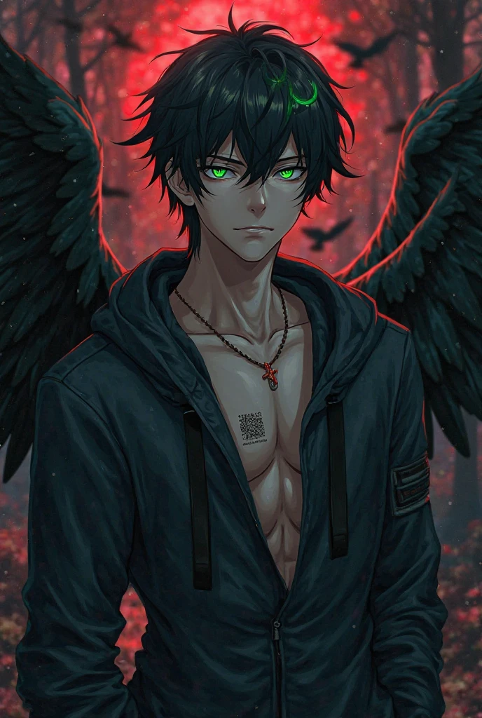anime style, a fallen angel guy, male fallen angel, cool guy, wild guy, ink paintings, indigo blue and black color, raining, in the evening, ink is dripping, gothic style, fantasy world, wearing black summer clothes, 2 black wings on his scapula, handsome features, beautiful eyes, fearless smile,  2, fantastic, simple background, close up