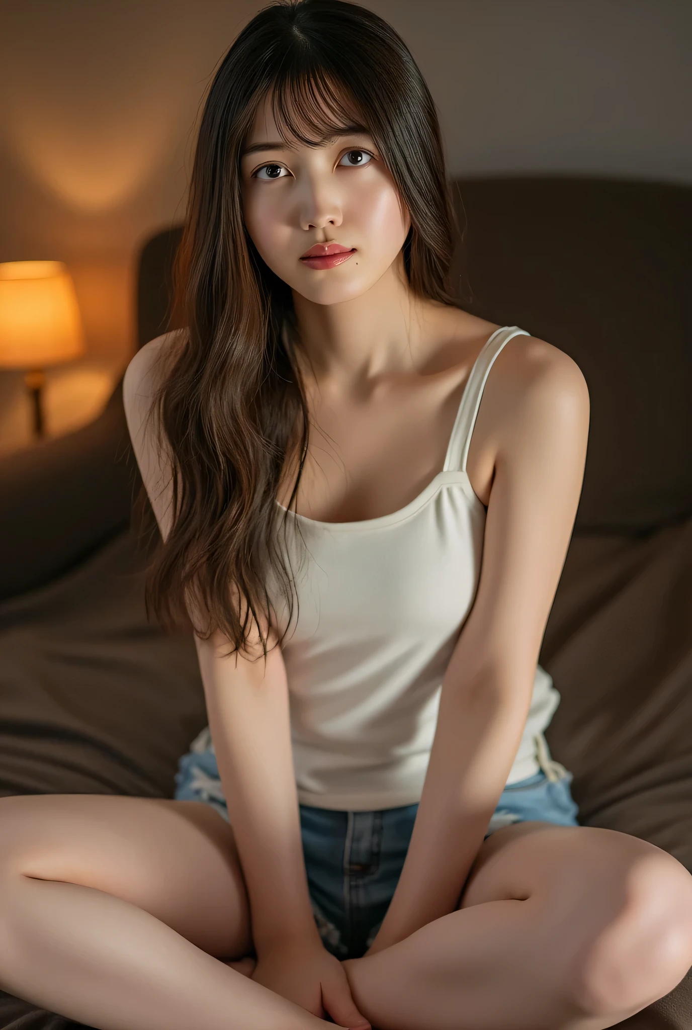 Wearing sexy pajamas, graceful figure, coquettish, study room, sofa, random enchanting movements, facing the camera, imaginative, first love
