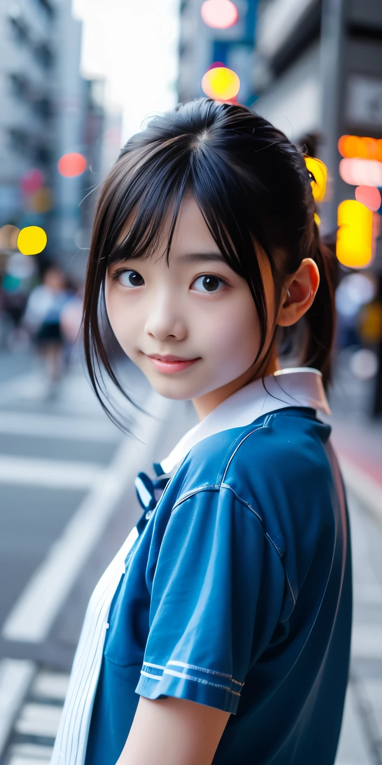 A close up of a young woman in a blue dress on a city street - SeaArt AI