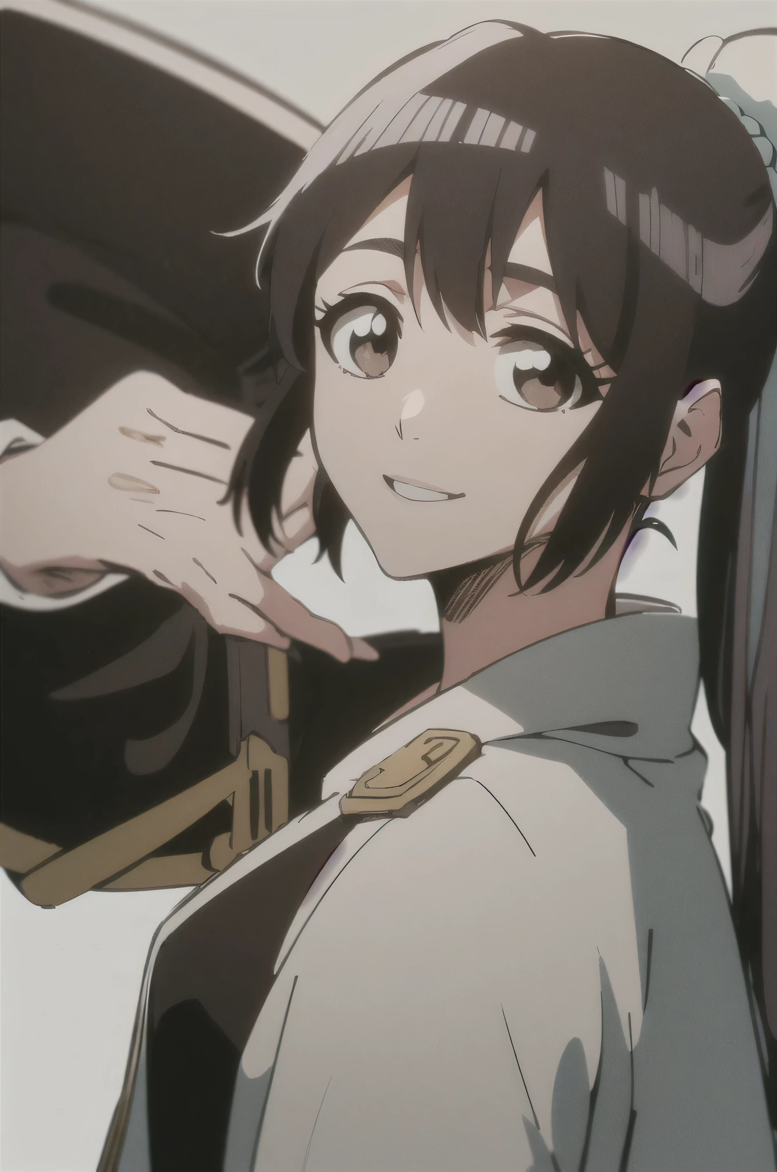  Masterpiece,   top quality ,
  one girl from the side ,   romantic love ,    black hair,  single ,  ponytail, Vancouver,   brown eyes,
 Hair bangs,
   kimono, white sleeveless coat ,Captain's coat without white sleeves,  black  kimono ,
smile,  alone,   I'm looking for ,    simple background ,   white background     