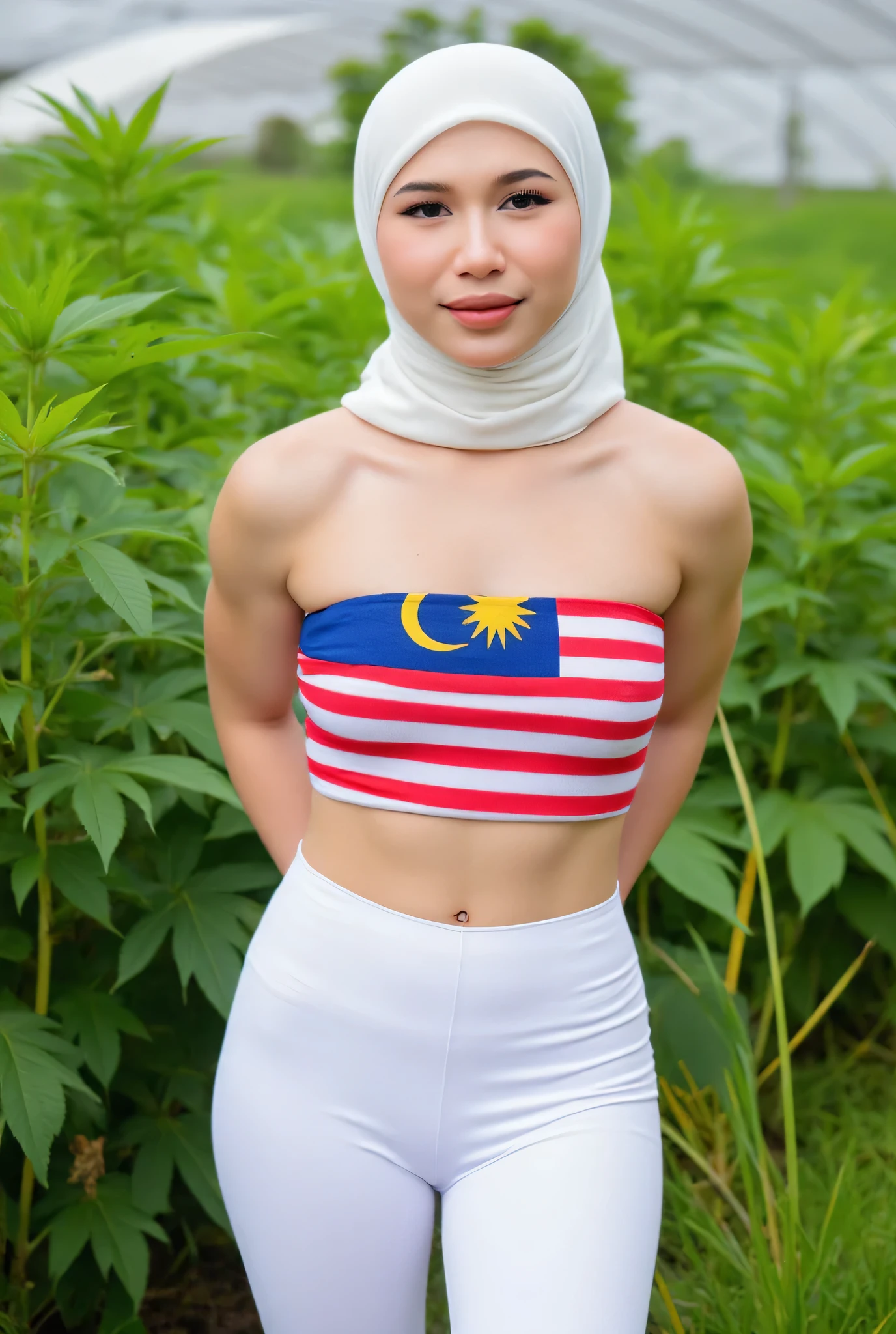 (high) waist white leggings). front view, Malaysian hijab-wearing mother. (Wearings Malaysia flag top strapless ). BOTH HANDS LYING BEHIND YOUR BACK , (SAGGING BREASTS), (background In the cannabis farm)