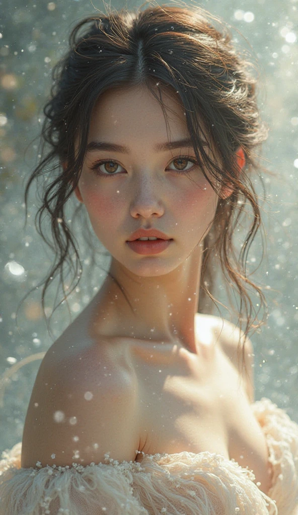 High quality, high resolution, best composition, one beautiful woman, face only out of the water, mouth hidden, sexy hot face, erotic, sexual gaze, beautiful eyes with details, small face, short cut, real skin.