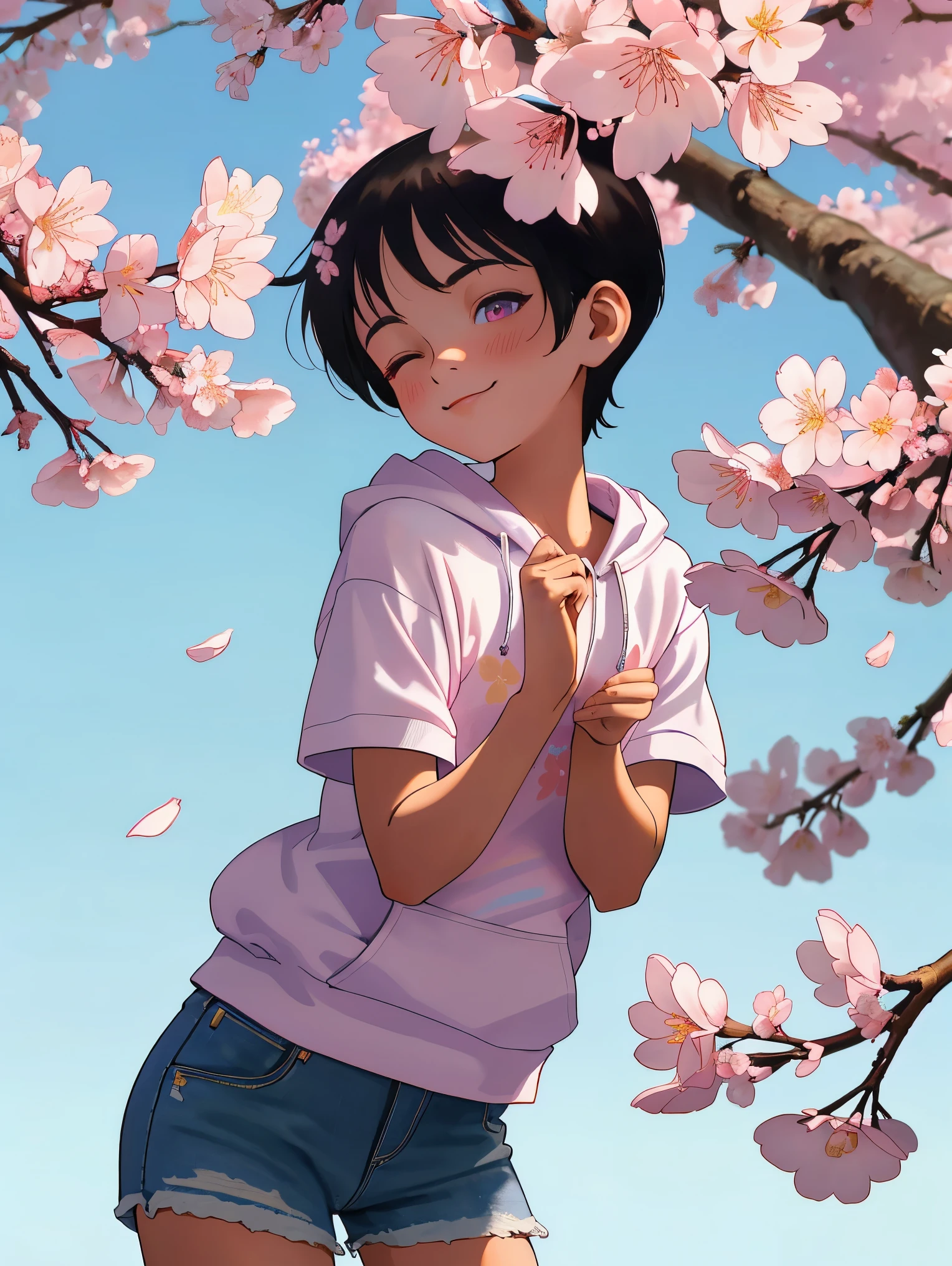 1 boy, (very young boy), (about ), cute, (black short straight hair), (big eyes, clear eyes), happy smile, white short sleeve hoodie, textured denim shorts, standing, looking at me, (beautiful detailed eyes, detailed hair, detailed face), (colorful, pastel colors), 8k, (masterpiece), ridiculous resolution, super high resolution, ((detailed shading)), cherry blossom petals, ((blooming cherry blossom tree background)), (one eye closed), ((lean forward)), (perfect anatomy, perfect hands), (front view)