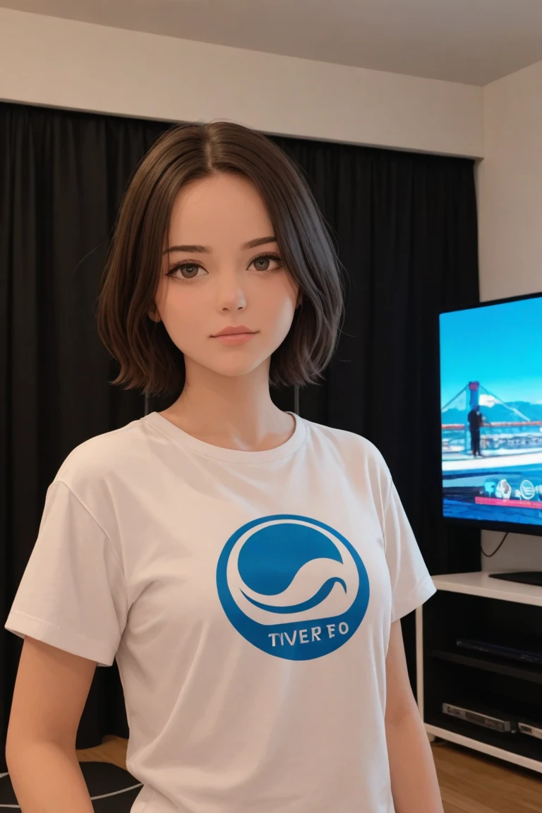 A girl age 24 wearing a white tshirt and on the tshirt written VALENZIA with black colour on the chest and the girl is seating in front of a ai robots 
