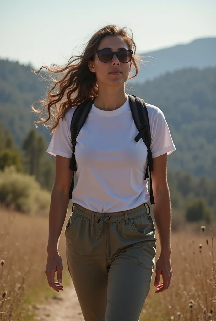 cinematic film still cinamatic photo, hyper realism, Photo of a woman hiking, she is taking a break, backpack is next to her, shorts, hiking boots, knotted shirt, sweaty, messy hair, sunglasses stuck in the hair, professional, perfect face, shalow depth of field, highly detailed, high budget, bokeh, cinemascope, moody, epic, gorgeous . shallow depth of field, vignette, highly detailed, high budget, bokeh, cinemascope, moody, epic, gorgeous, film grain, grainy